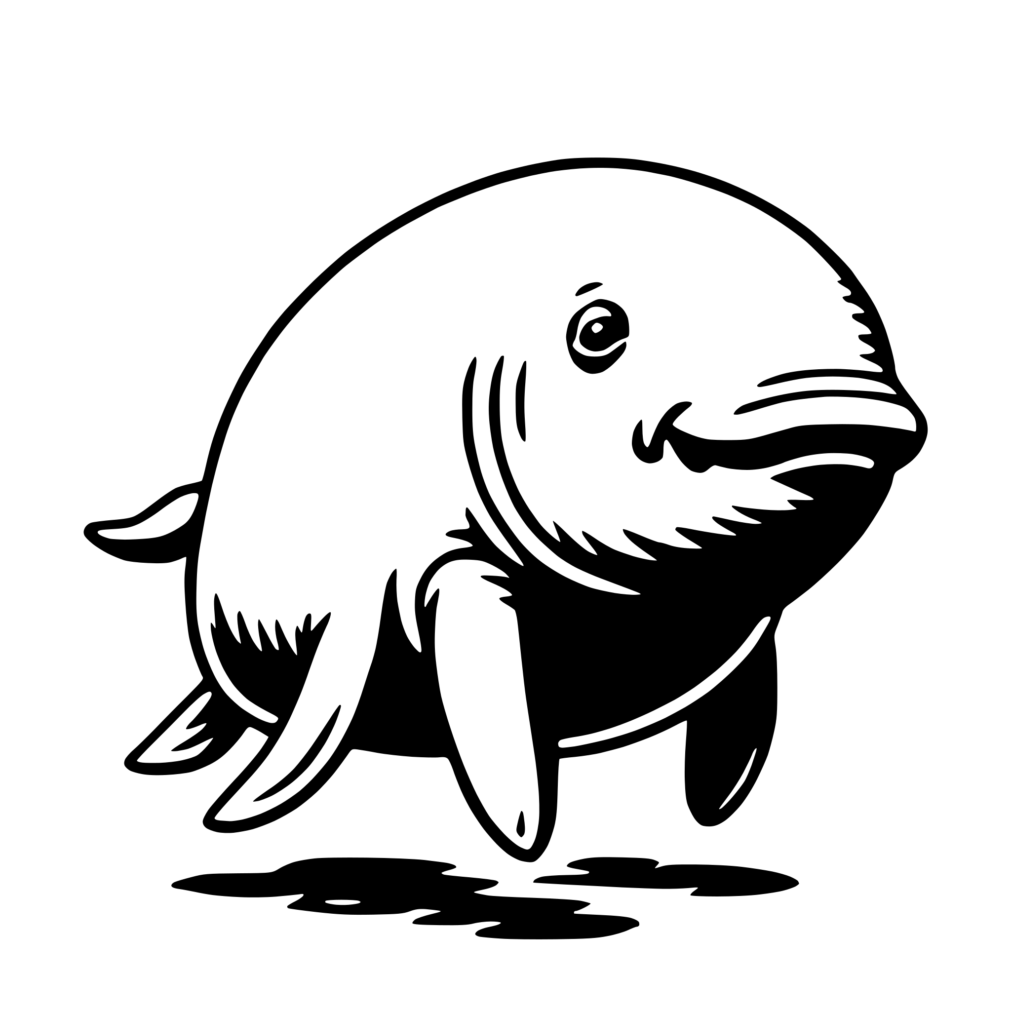 The SVG depicts a stylized, cartoon-like depiction of a manatee. The manatee is shown in a side profile, with its head turned slightly to the left. It has a large, rounded body with a prominent snout and a pair of small, rounded ears. The manatee's tail is visible and appears to be slightly curled. The manatee is swimming, as indicated by the position of its tail and the suggestion of movement in the water. The SVG is simple and does not contain any additional objects or interactions. 