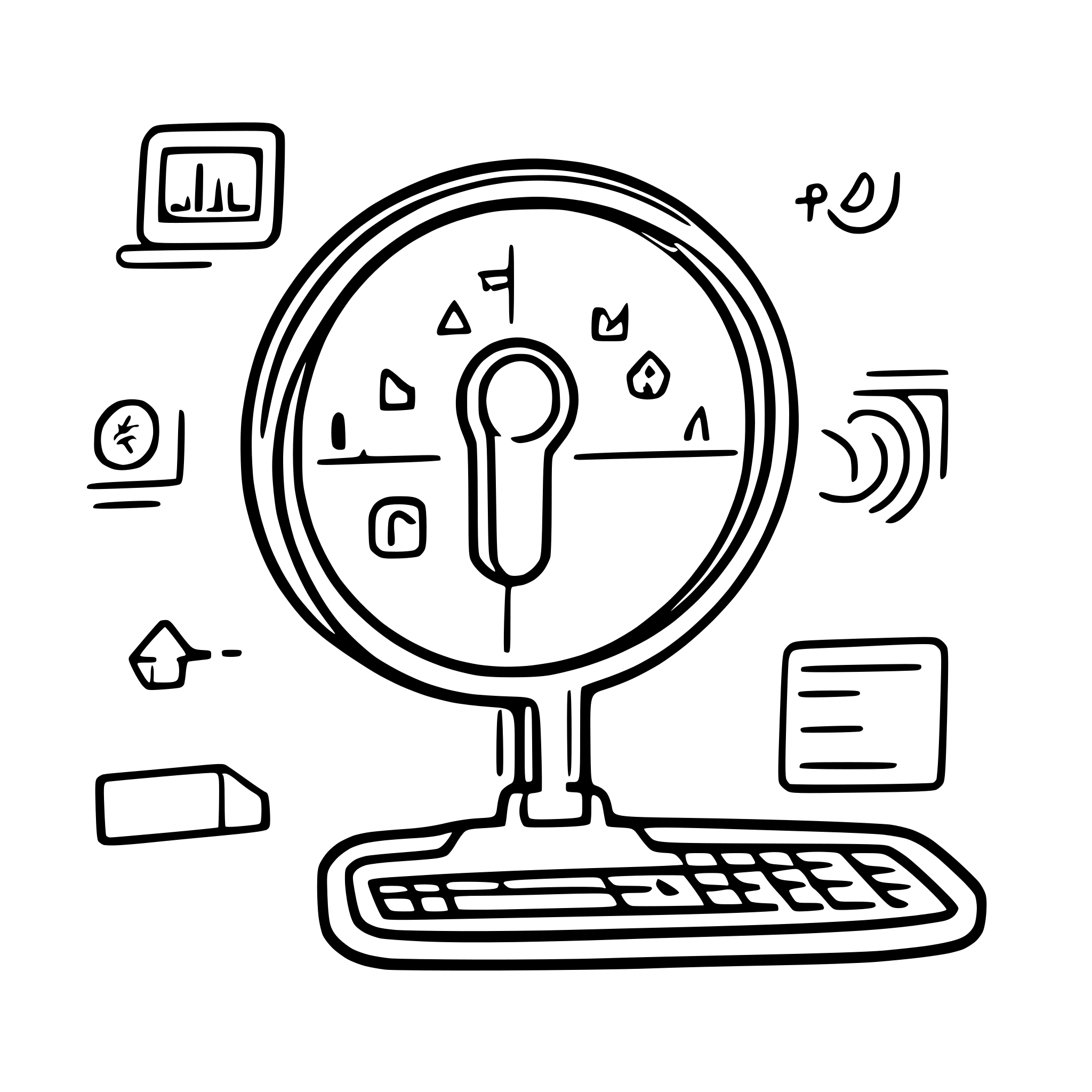 AI-generated SVG of 'A laptop displaying the SUBI dashboard, highlighting metrics like DSCR, ROI, and Payback Period. Surround the laptop with icons of a magnifying glass (analysis), handshake (negotiation), and clipboard'