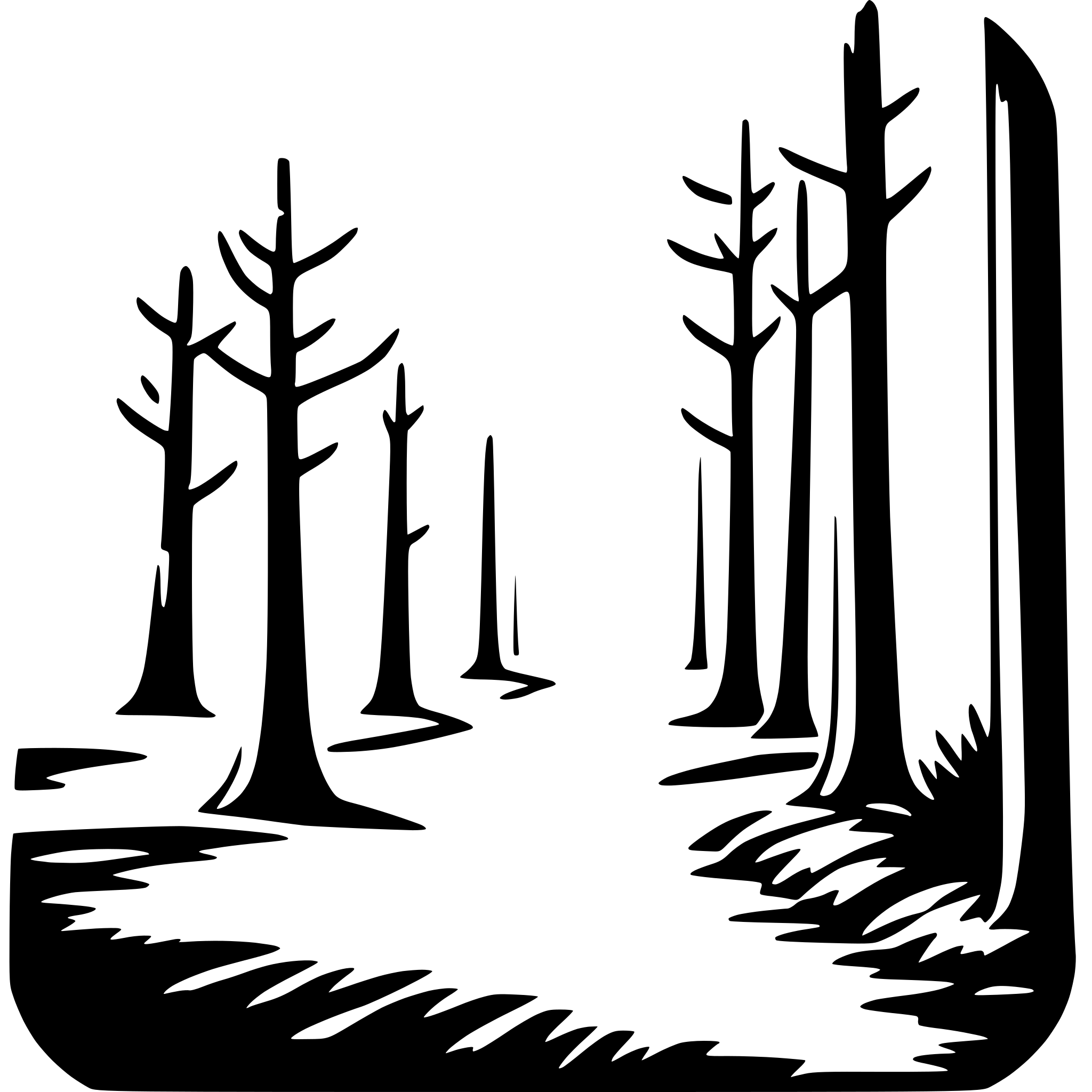 The SVG depicts a stylized, silhouette-style representation of a forest scene. It features a pathway leading into the distance, flanked by tall, slender trees with a few branches extending upwards. The trees are evenly spaced along the path, creating a sense of depth and perspective. The path itself appears to be a dirt road, and the ground is textured to suggest a natural, uneven surface. The overall impression is one of a tranquil, wooded area, possibly a trail or pathway through a forest. 