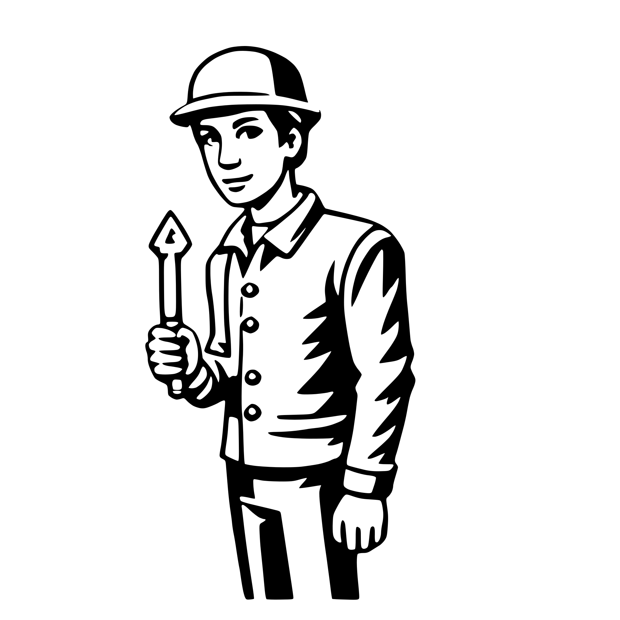 The SVG depicts a stylized, cartoon-like illustration of a person. The individual is wearing a cap and a jacket with a collar, and is holding a small object that resembles a key or a tool with a pointed end. The person is standing upright with their arms at their sides. The style is simplistic and uses solid lines and flat colors, which is typical of vector graphics. 