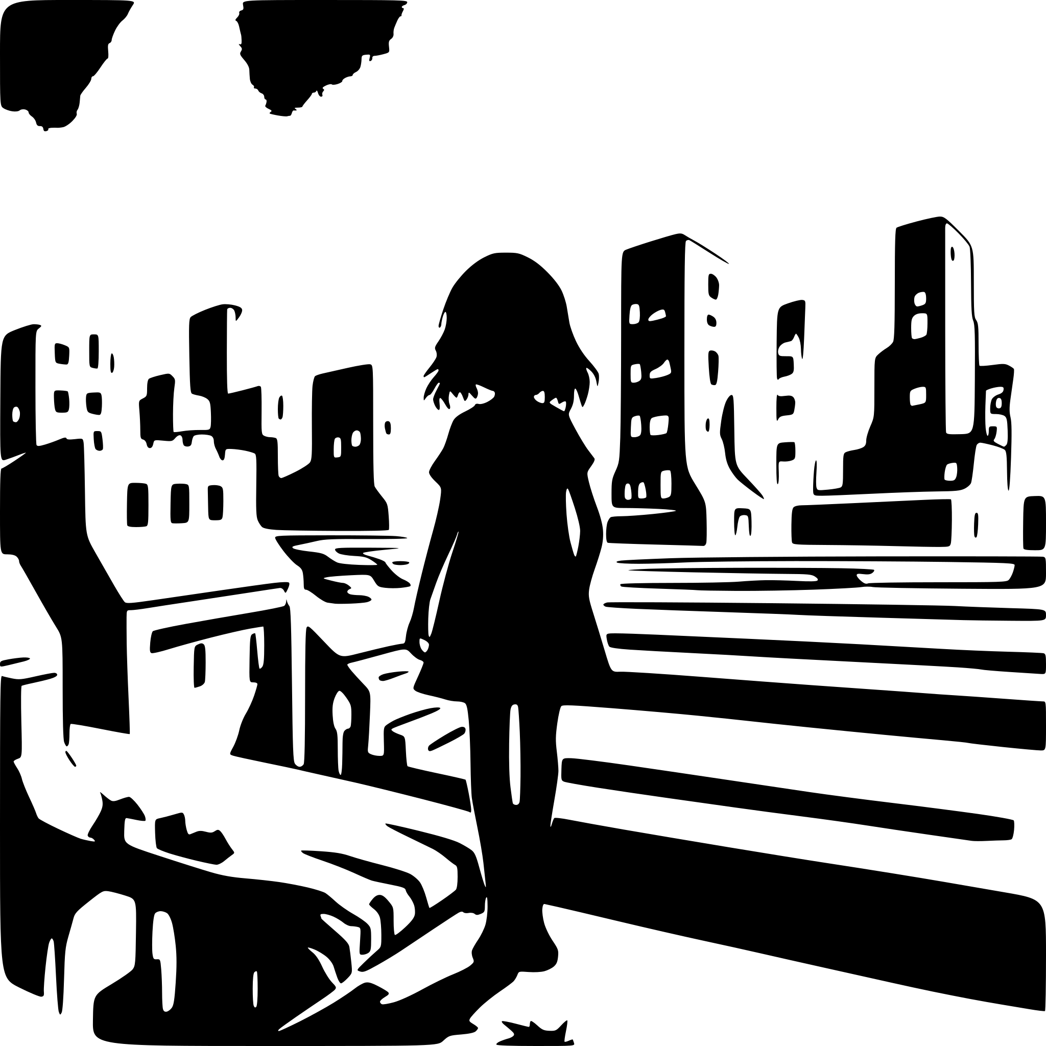 AI-generated SVG of a creepy girl standing at the edge of the rooftops of a dark and ruined city looking at the streets below