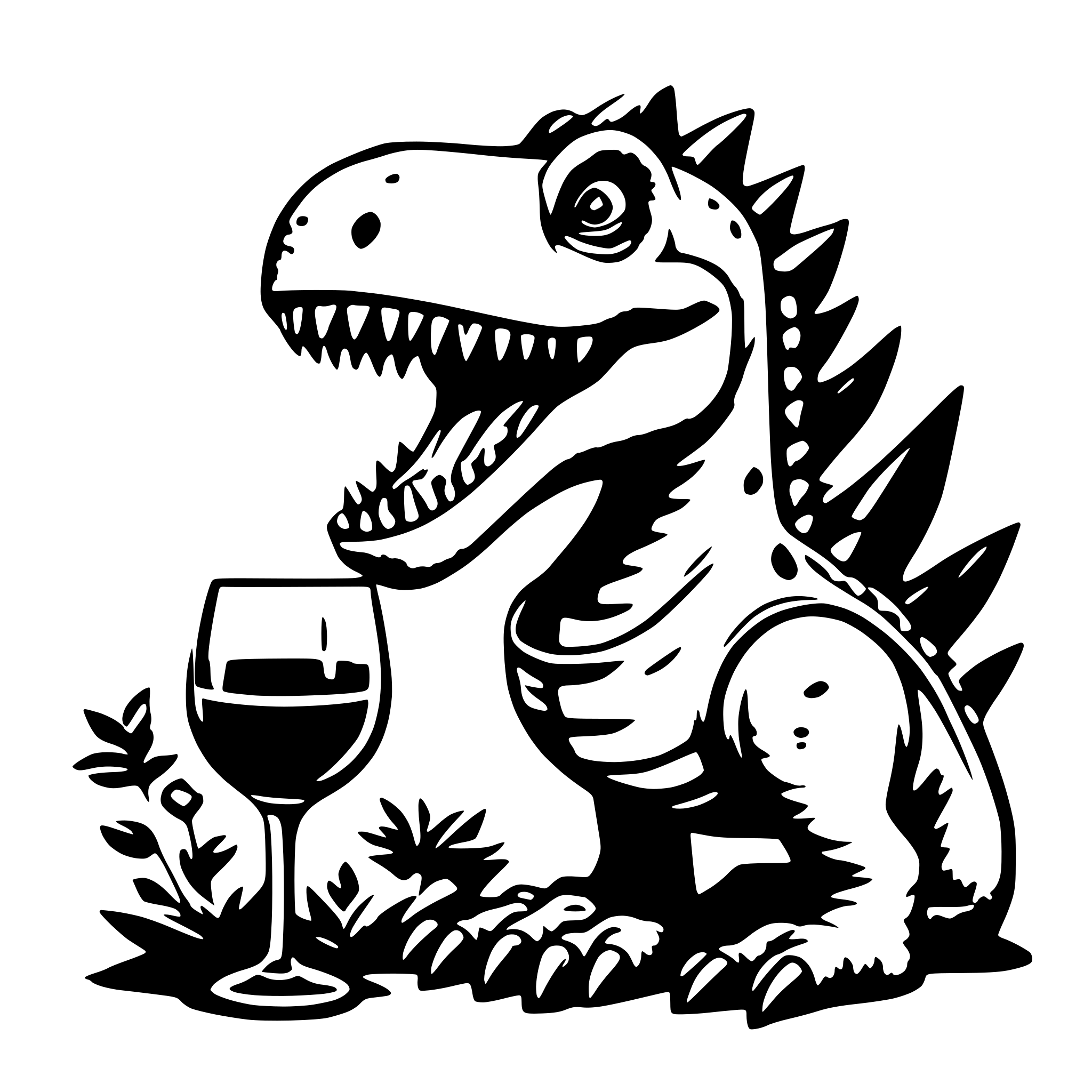 AI-generated SVG of a dinosaur with a glss of wine in the hand