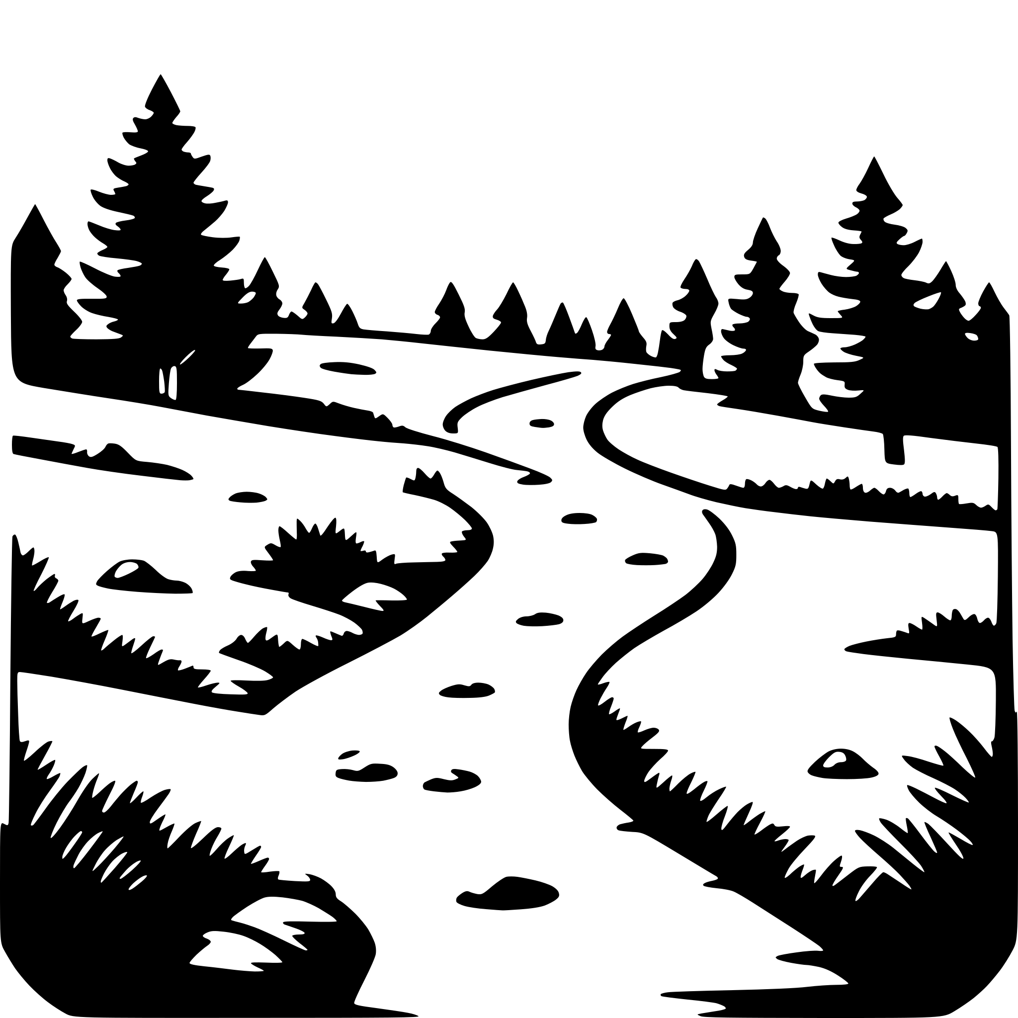The SVG depicts a stylized, black and white illustration of a winding path through a forested area. The path is curved and appears to be a trail or road, with a series of rocks and patches of grass or snow on either side. The trees are simplified with silhouettes of their trunks and tops, suggesting a serene, natural setting. The overall impression is one of a peaceful, wooded landscape, possibly a trail in a park or a rural area. 