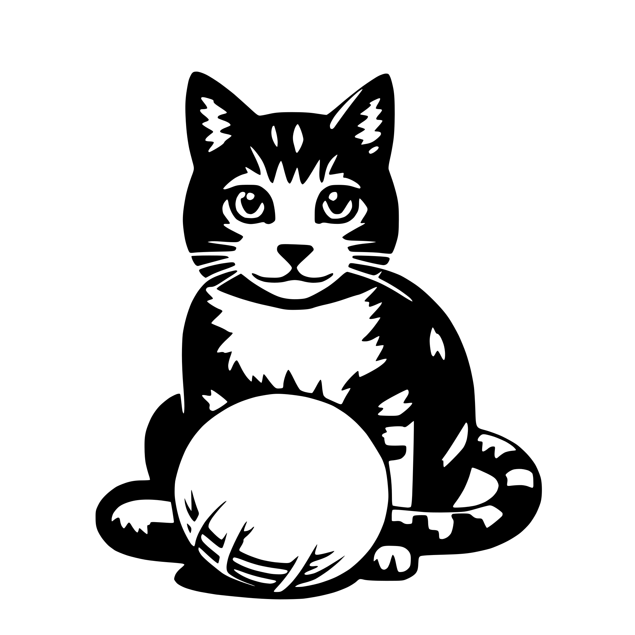 The SVG features a stylized black and white illustration of a cat sitting on its hind legs with a ball in its paws. The cat is depicted with a simple, cartoon-like design, with its head turned slightly to the side, giving it a curious or attentive expression. The ball appears to be a common type of sports ball, with a smooth surface and a simple, rounded shape. The cat and the ball are the main objects in the SVG, and there is no interaction between them; they are simply depicted together. 