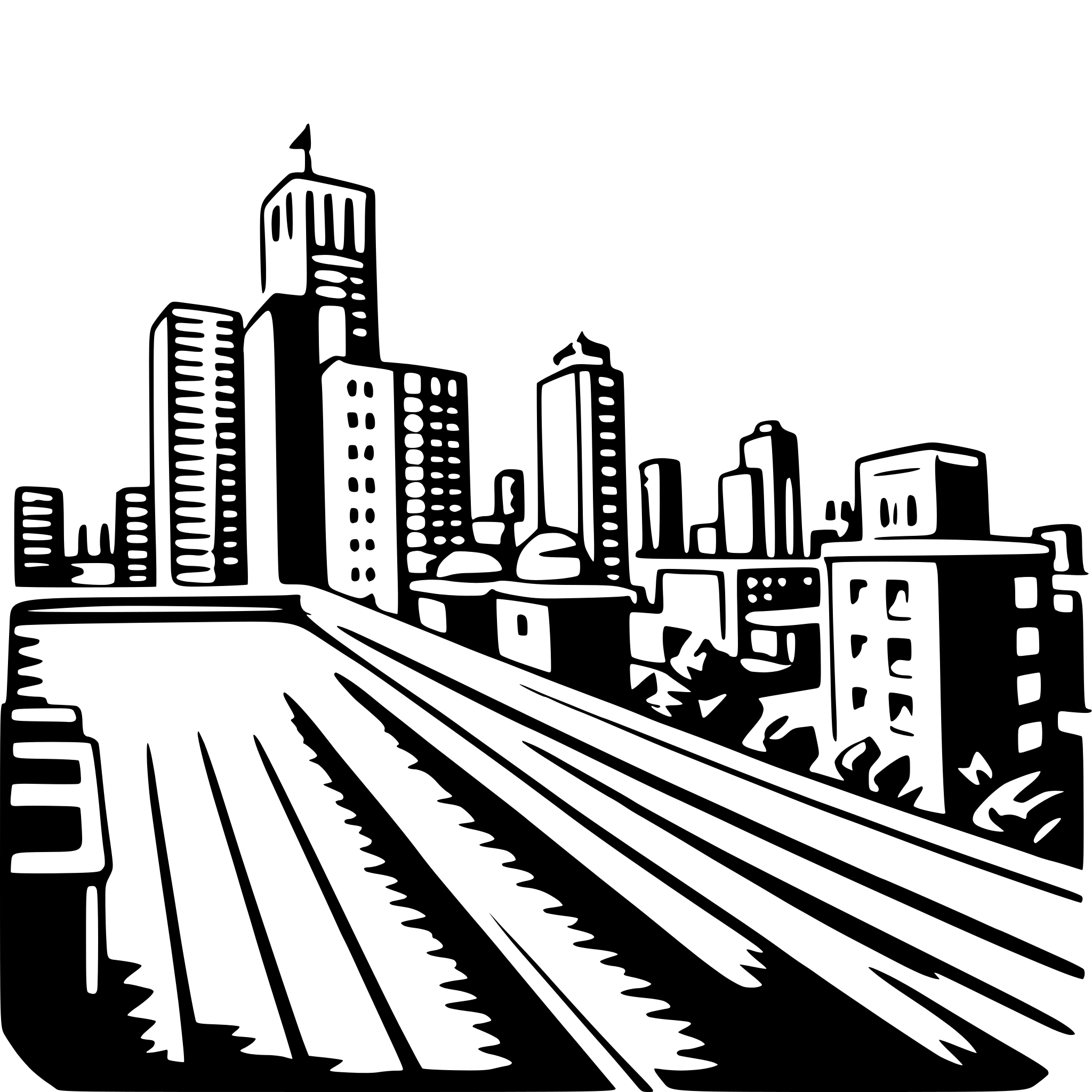 The SVG depicts a stylized cityscape with a focus on a train track that runs horizontally across the scene. The city is composed of various buildings, with the most prominent being a tall skyscraper on the left side. The buildings are drawn in a simplified, geometric manner, with the use of lines and shapes to convey their structure. The train track appears to be a prominent feature, suggesting a connection between the city and other places. The overall style is reminiscent of a black and white illustration, with a limited color palette that emphasizes the shapes and forms of the city and the train track. 