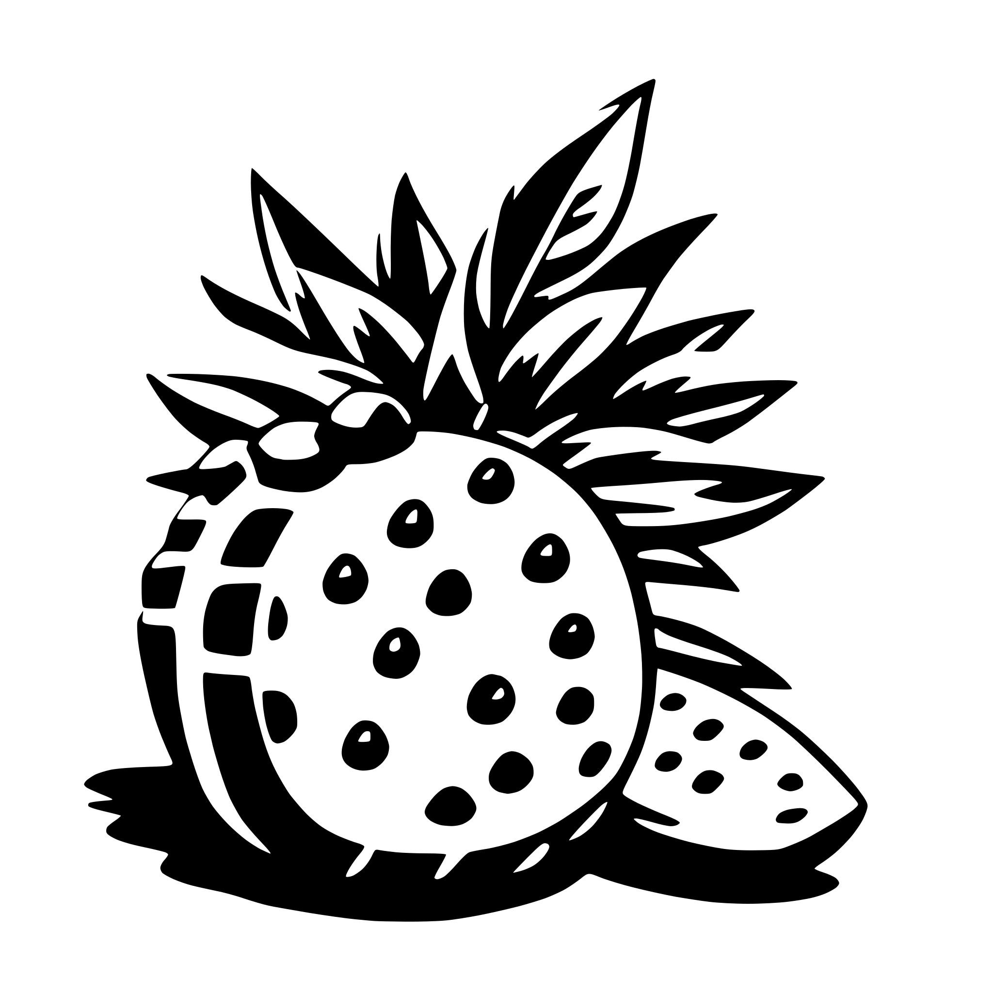 The SVG depicts a stylized illustration of a pineapple with a crown of leaves. The pineapple is shown in a side view, with its top cut off to reveal the inner segments and the crown of leaves is positioned above it. The leaves are detailed with veins and are arranged in a circular pattern around the pineapple. The pineapple itself has a textured surface with small dots representing the segments. The SVG is simple and uses solid black lines against a white background. 