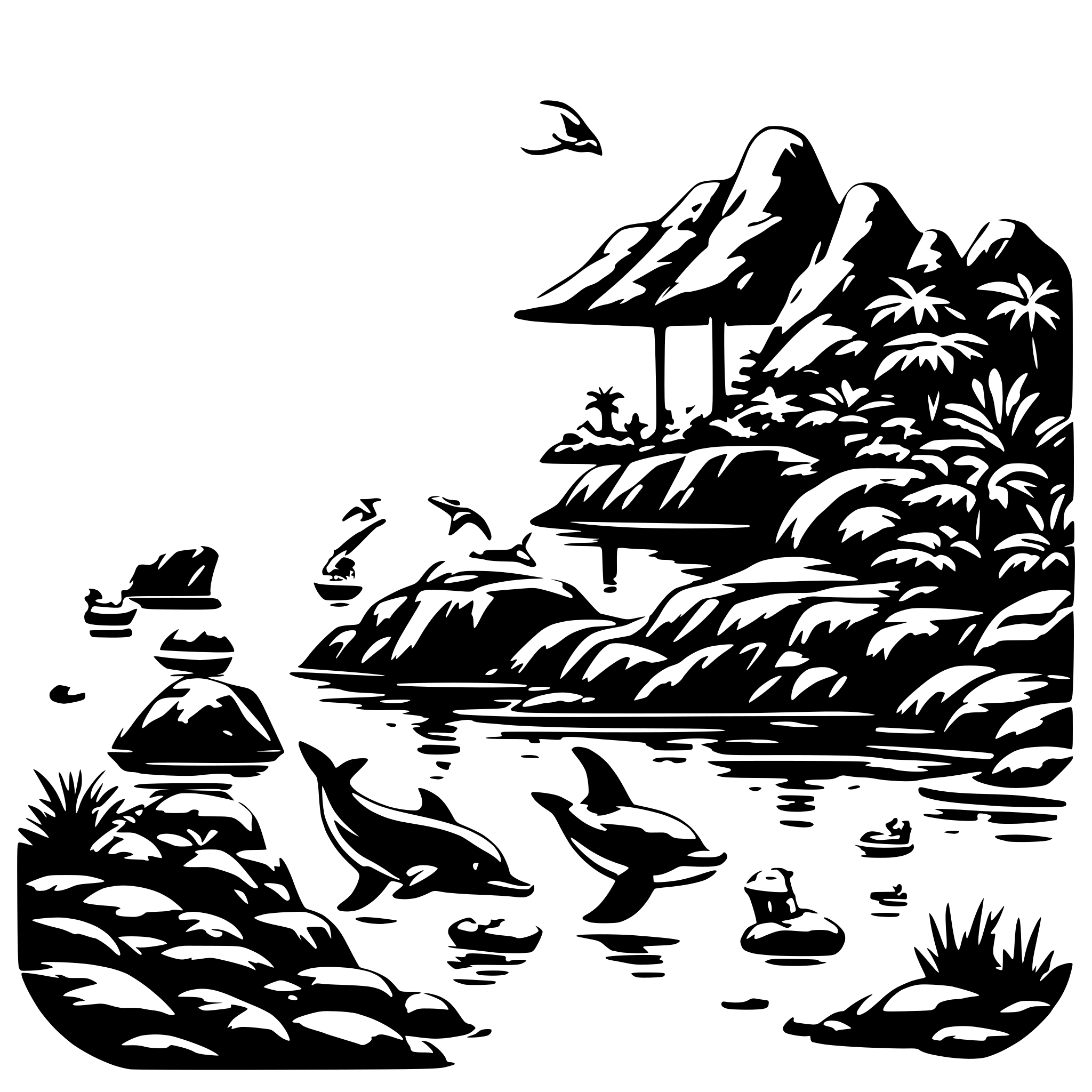AI-generated SVG of a Dolphin Bay - a background image for a kid's math adventure game