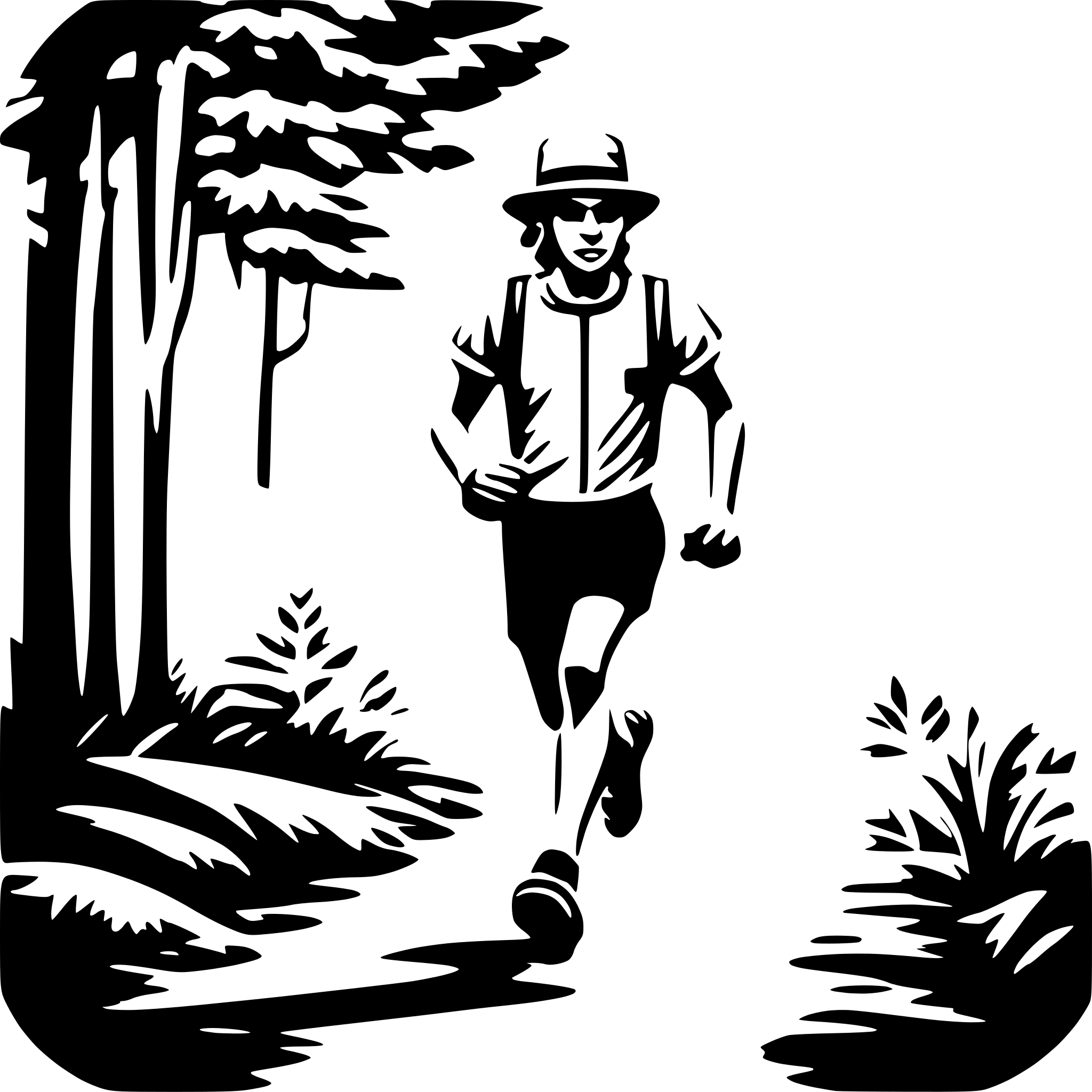 AI-generated SVG of a A runner with shoes, hydration vest, shorts, short sleeve shirt, and hat running in the forest.