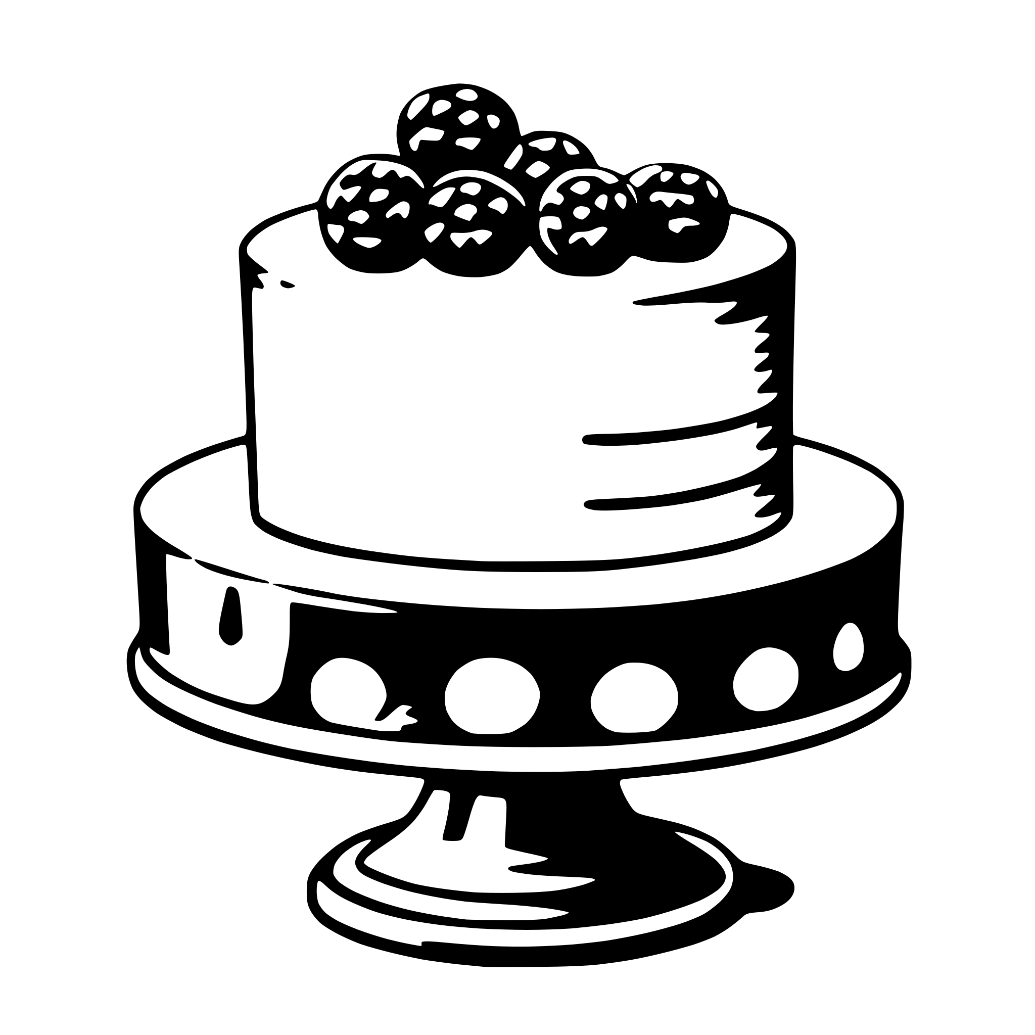 The SVG depicts a simple, stylized illustration of a cake with berries on top. The cake is round with a flat top and a decorative border at the bottom. It is placed on a stand with three visible legs. The berries are arranged in a circular pattern at the top of the cake. The style is minimalistic and appears to be a black and white line drawing. 