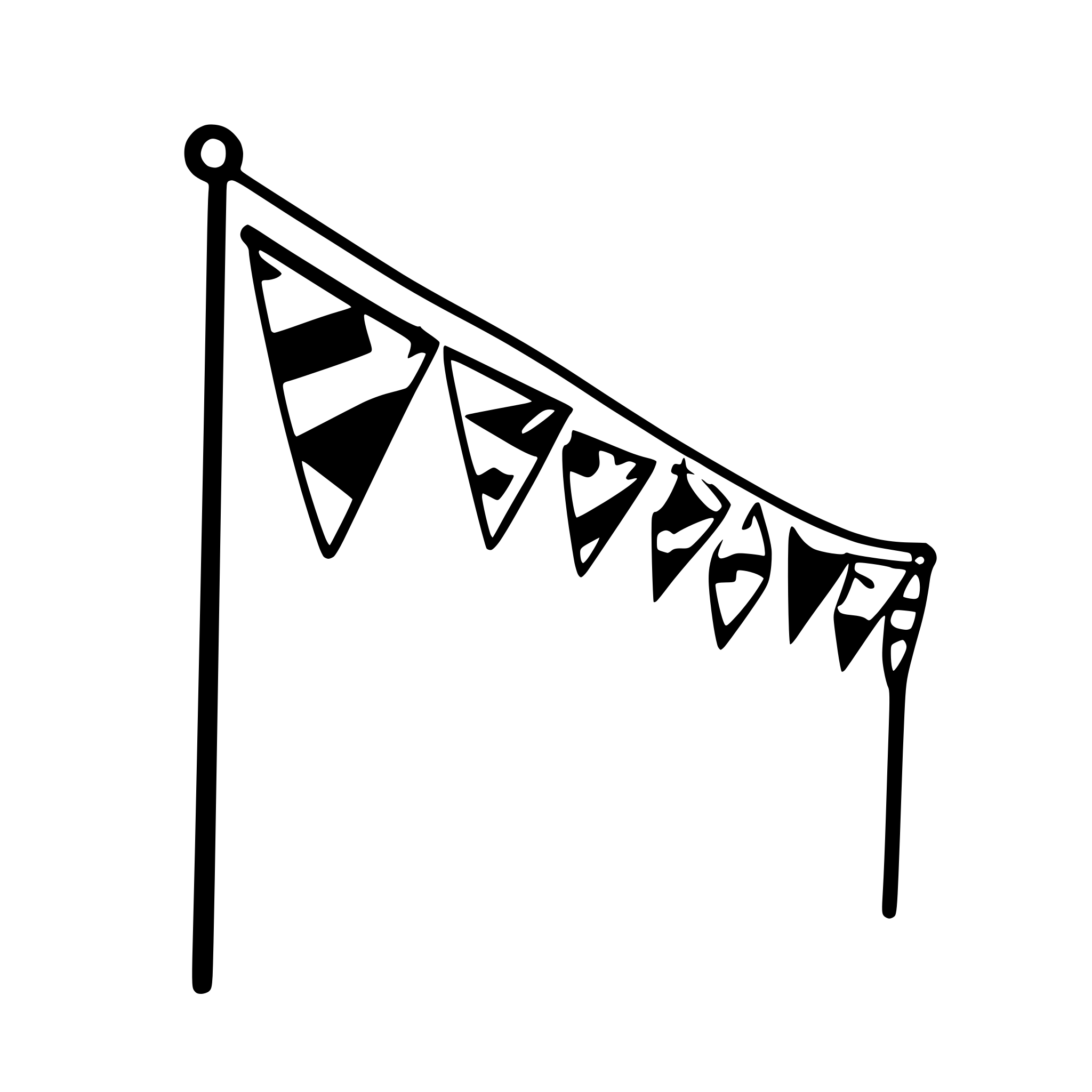 AI-generated SVG of a A black and white vector icon of a string of triangular party flags hanging in a gentle curve. The design is simple, with bold, clean outlines and a festive feel. No shading. Transparent or white background.
