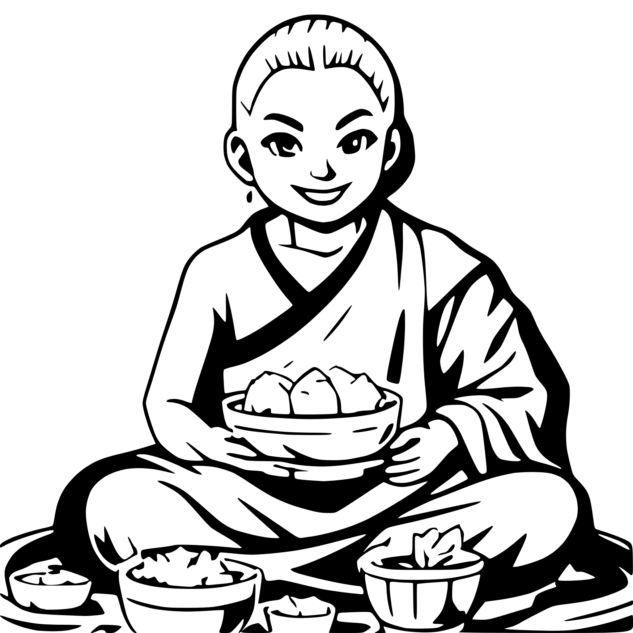 AI-generated SVG of a Generate a happy laughing Buda sitting there and presenting his big belly. in front of him is a pot and a plate with leftovers