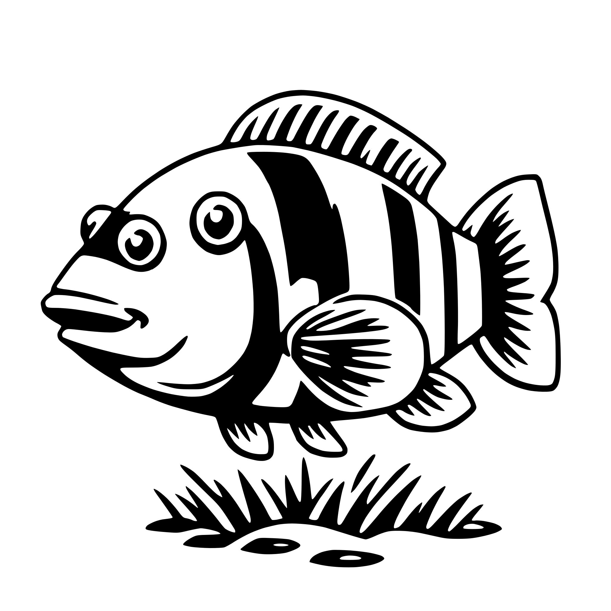 The SVG depicts a stylized black and white fish with a prominent striped pattern on its body. The fish is shown in a side profile, with its head turned slightly to the left. It has large, round eyes and a small, simple mouth. The fish is swimming above a patch of grass, which is depicted with a few blades and a small cluster of what appears to be seeds or berries. The fish's tail is visible, and it is positioned as if it is swimming forward. The overall style of the SVG is cartoonish and simplistic, with bold outlines and minimal shading. 