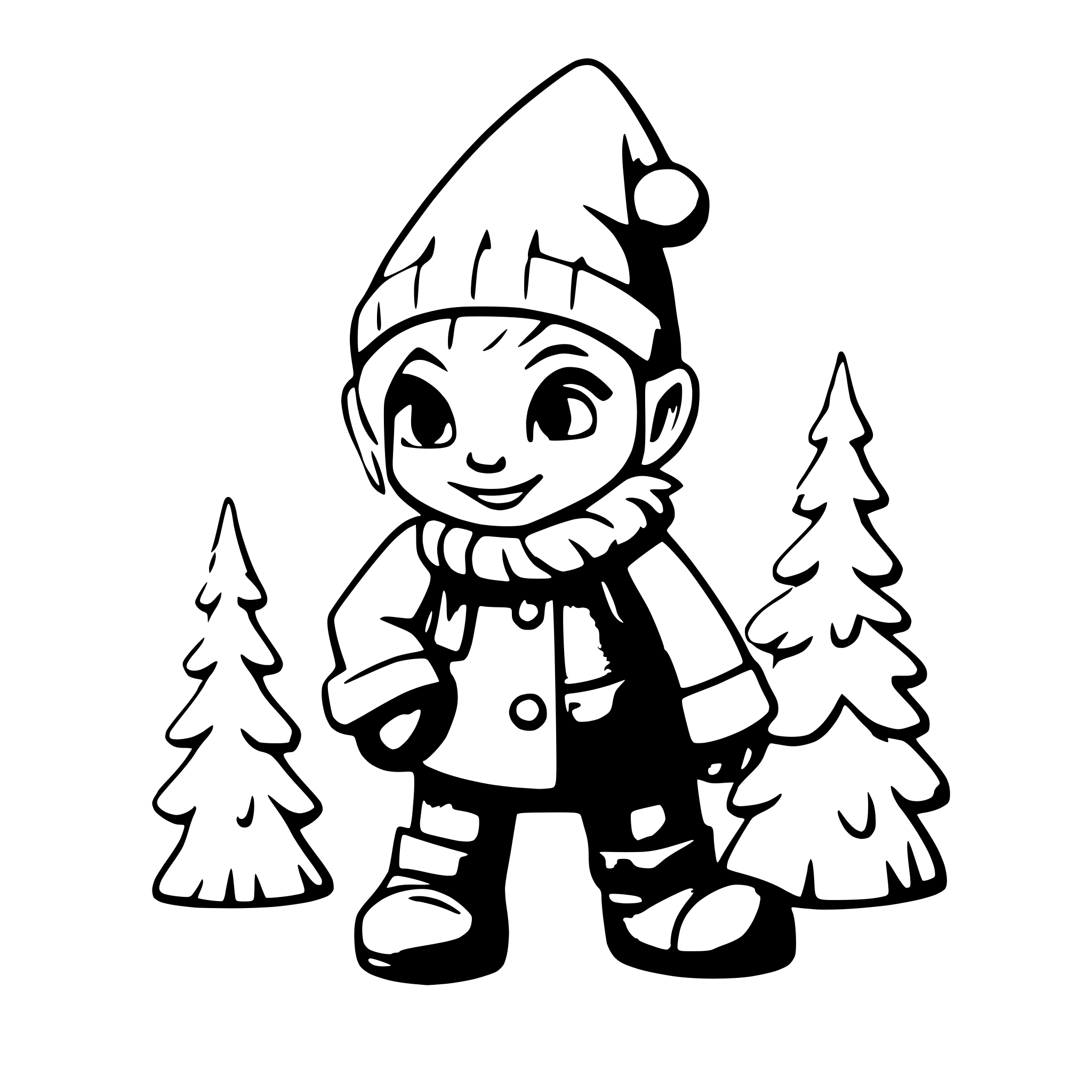 AI-generated SVG of a generate - lovely realistic gnome, for 3 year old kids, should be like a post card, drawing can be colorful,  in is puffy more snow storm and background christmas tree with presents it could be also romantic and warm room near fireplace and should gnome holds with hands sign where to write kid name, after card will be printed