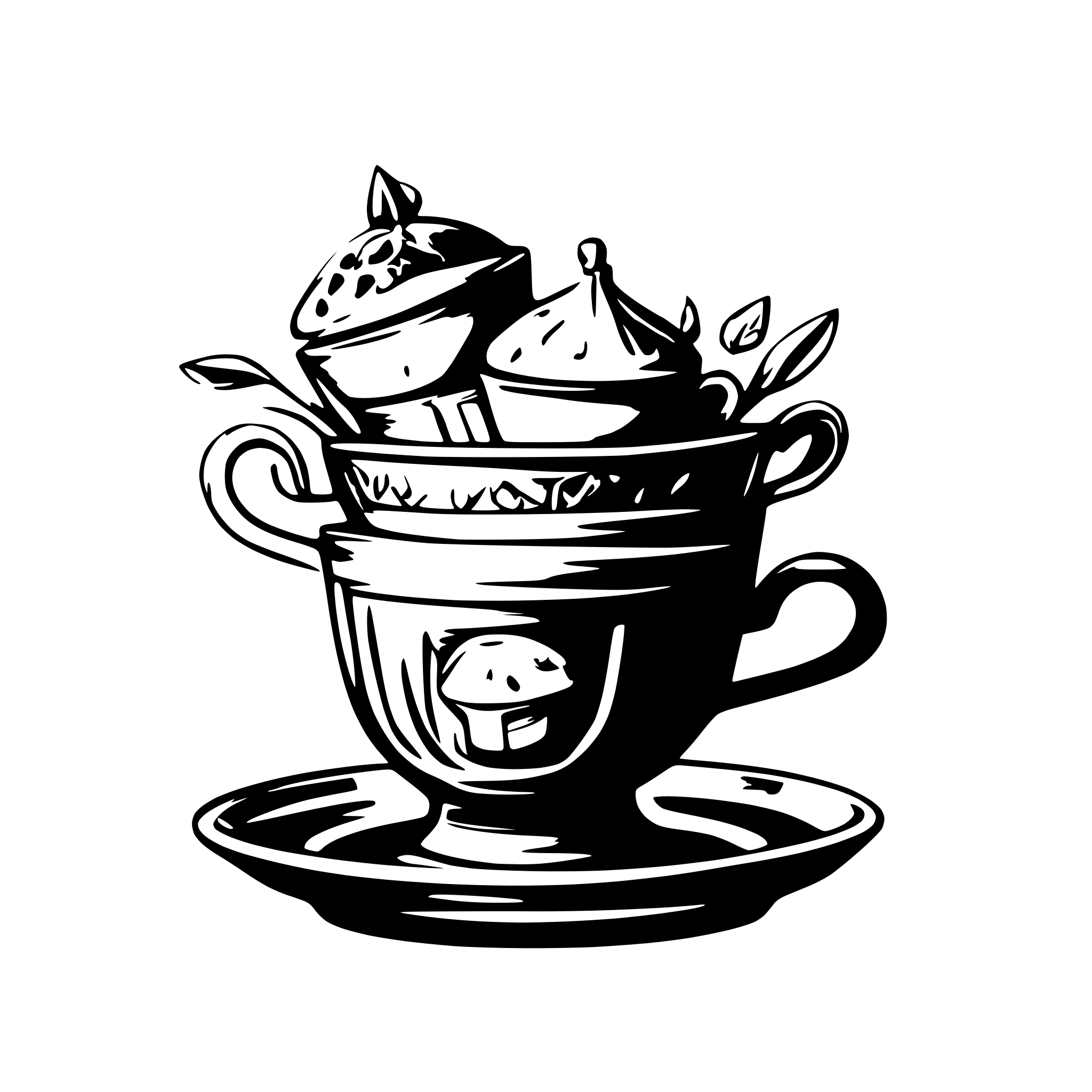 AI-generated SVG of a 3 teacups, of different designs, stacked on top of each other on a saucer; with some toadstools growing from the saucer, various colors; also add a tinket bottle with a note inside AI-generated SVG of a 3 teacups, of different designs, stacked on top of each other on a saucer; with some toadstools growing from the saucer, various colors; also add a tinket bottle with a note inside