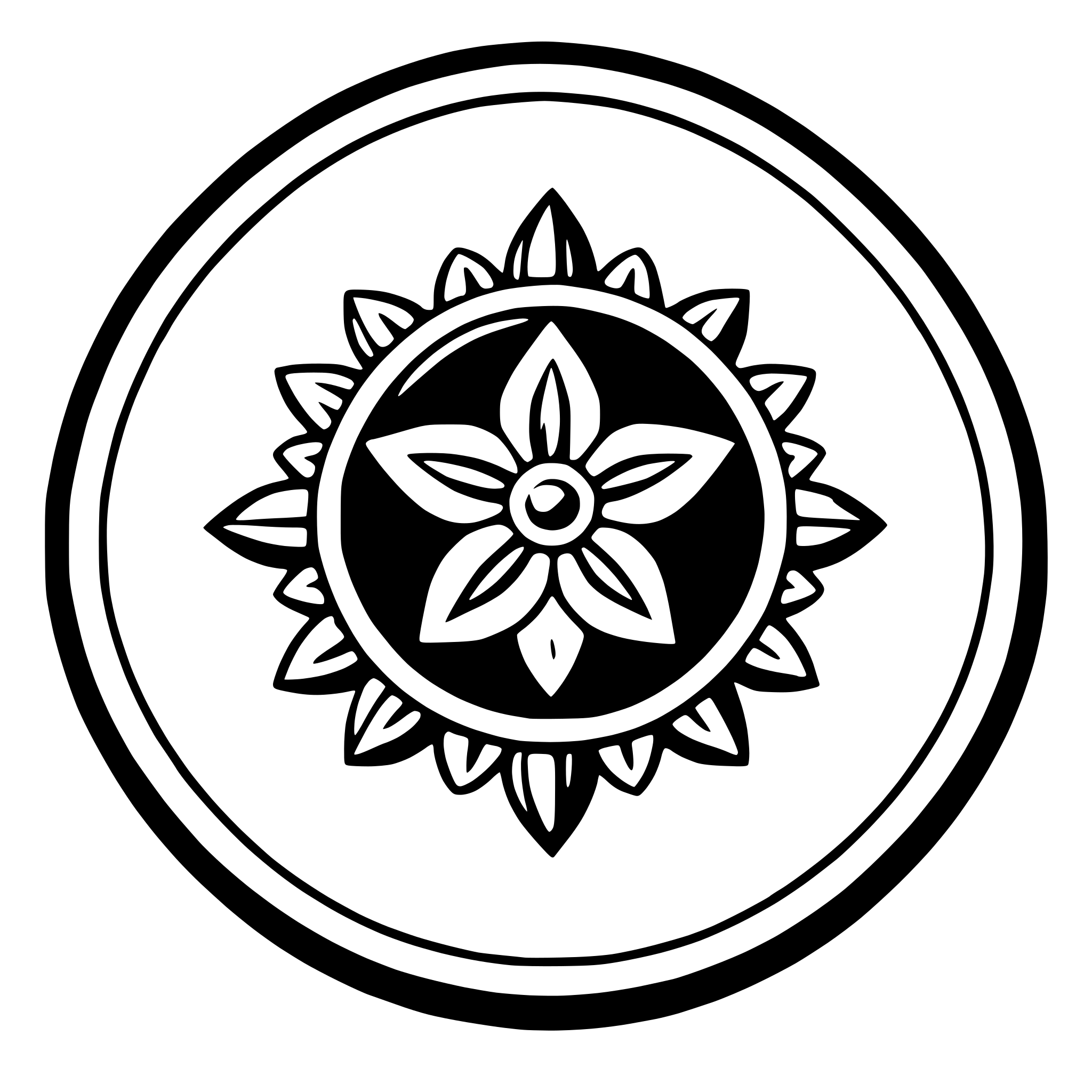 The SVG features a circular emblem with a symmetrical design at its center. The central design consists of a series of stylized petals that radiate outward from a central point, creating a floral-like pattern. The petals are arranged in a circular fashion, with the largest petals at the top and the smallest at the bottom. The emblem is outlined with a thin line, and the interior is filled with a solid color. The overall style of the SVG is simple and graphic, with clean lines and a lack of detail that gives it a modern and minimalist appearance. 