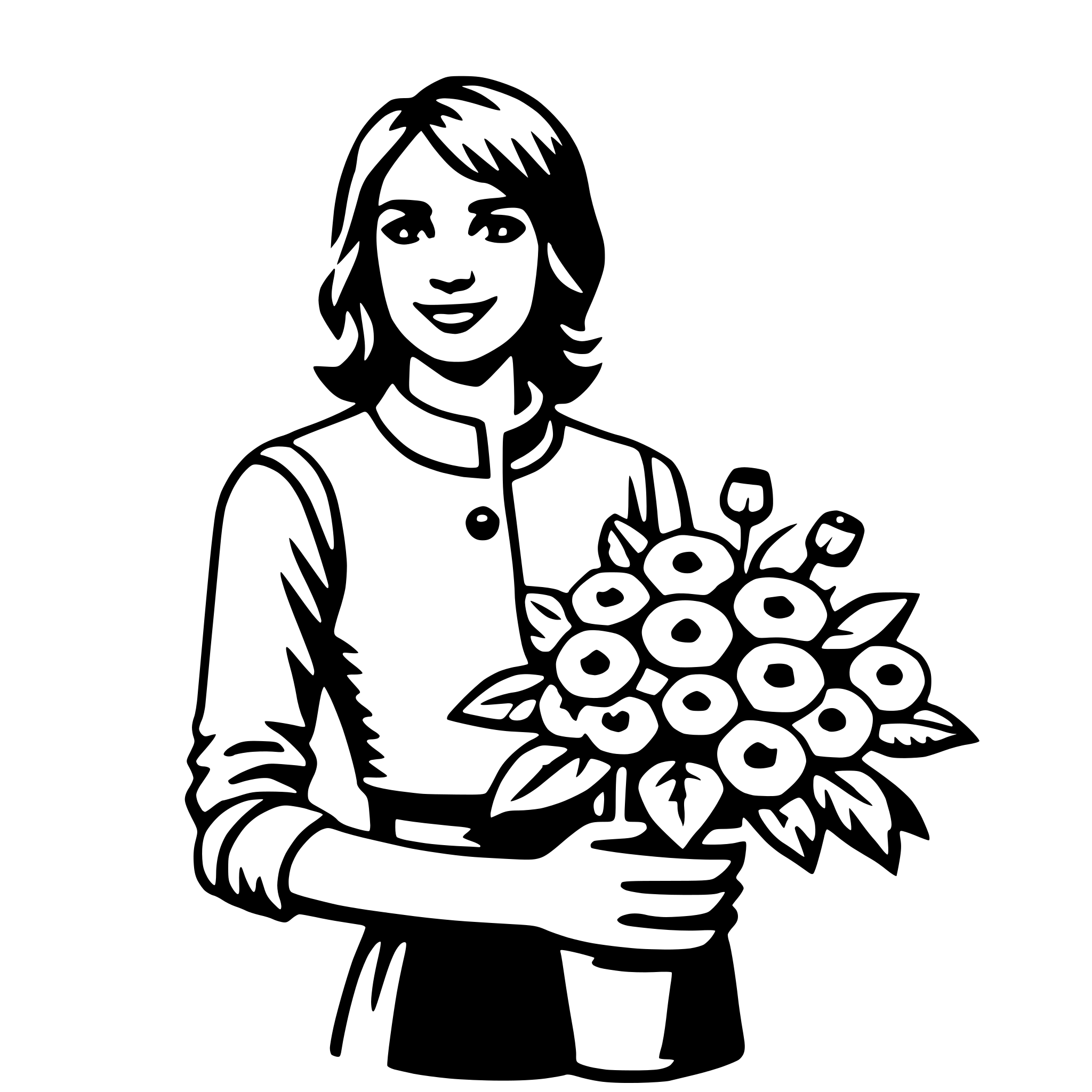 The SVG depicts a stylized black and white illustration of a woman holding a bouquet of flowers. The woman is wearing a jacket with a collar and a belt, and she has short hair. She is smiling and appears to be presenting the bouquet. The flowers are detailed with leaves and stems, and there are several individual flowers visible. The woman's pose suggests she is offering the bouquet, possibly as a gift or a gesture of goodwill. The SVG is simple and clear, with no additional text or elements. 