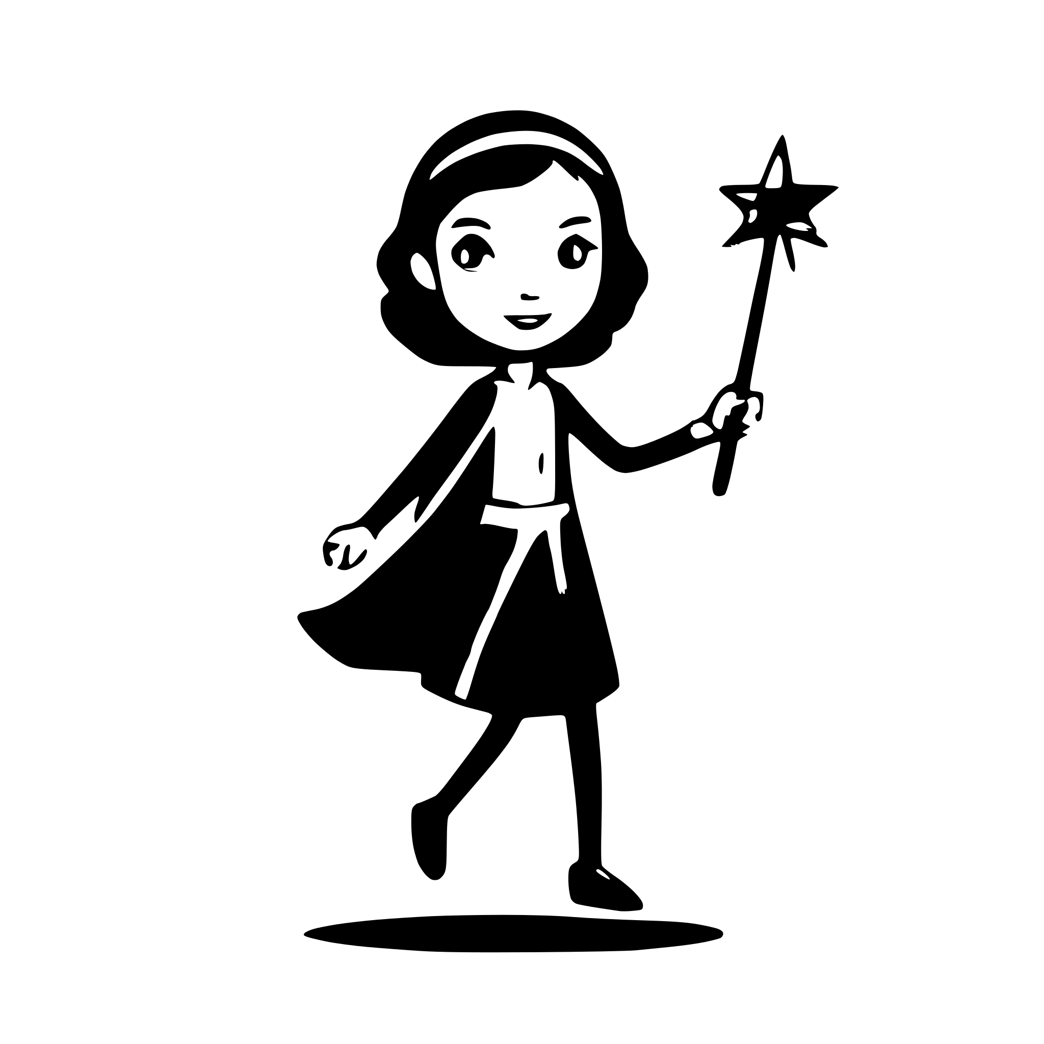 AI-generated SVG of a stick figure skinny lady with black hair wearing a cape and wearing s simple crown , carrying  magic wand while she runs