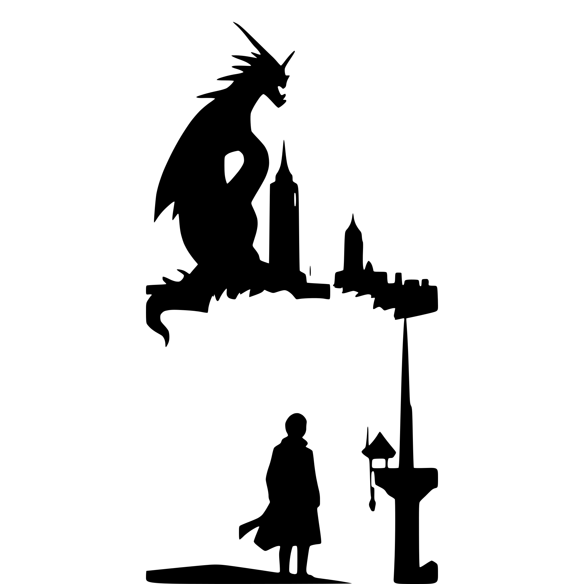 AI-generated SVG of a a man is standing on the corner of a rooftop overlooking the city with his back to us while a dragon rises from the skyline the dragon is facing directly towards the camera and the buildings are on fire