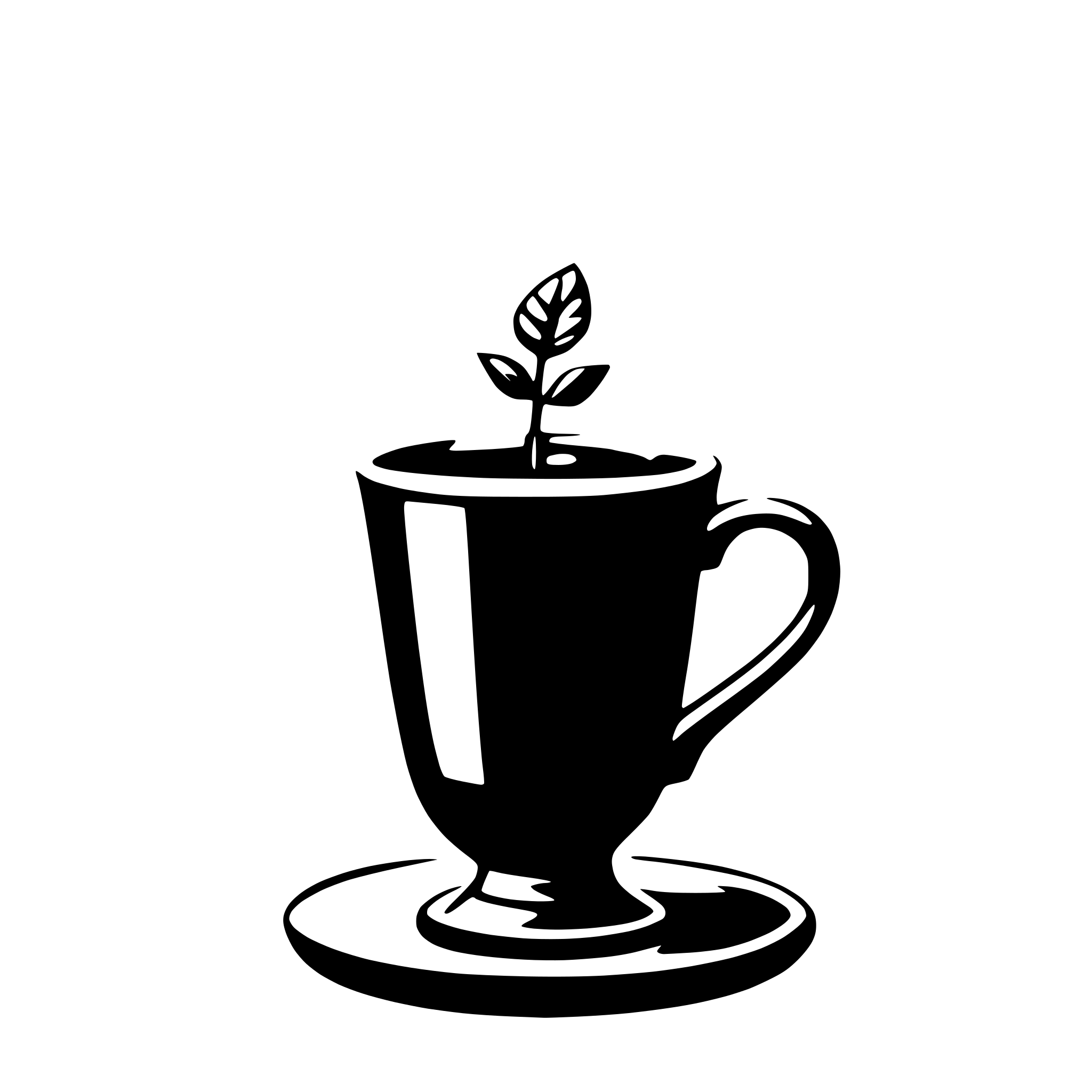 The SVG features a black and white illustration of a coffee cup with a saucer. On the saucer, there is a small plant with a single leaf. The plant appears to be sprouting from the cup, suggesting a playful or symbolic representation of growth or the idea of a "cup of coffee" being a source of energy or life. The cup and saucer are depicted in a simple, stylized manner, with the plant adding a touch of organic detail to the otherwise inanimate objects. 