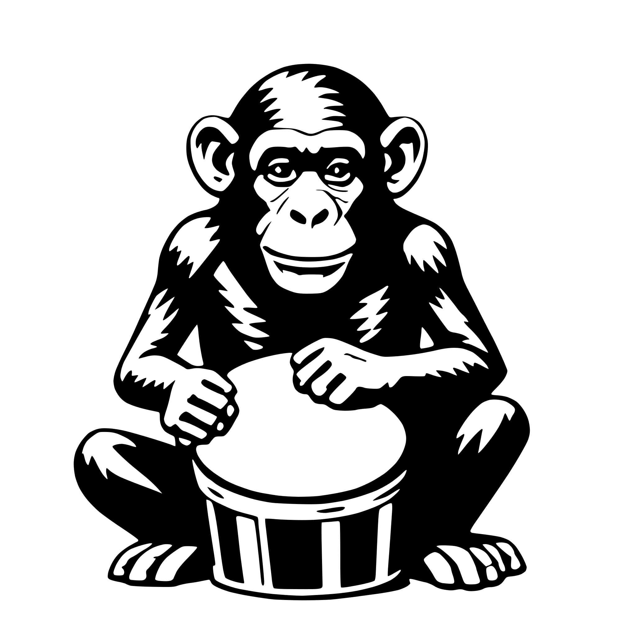 The SVG features a stylized black and white illustration of a monkey sitting on a drum. The monkey is depicted with a smiling expression, holding the drum with both hands, and appears to be playing it. The drum has a simple, cylindrical shape with a visible drumhead and a series of vertical lines that represent the drum's shell. The monkey's posture suggests a relaxed and joyful demeanor, and the overall style of the SVG is cartoonish and whimsical. 