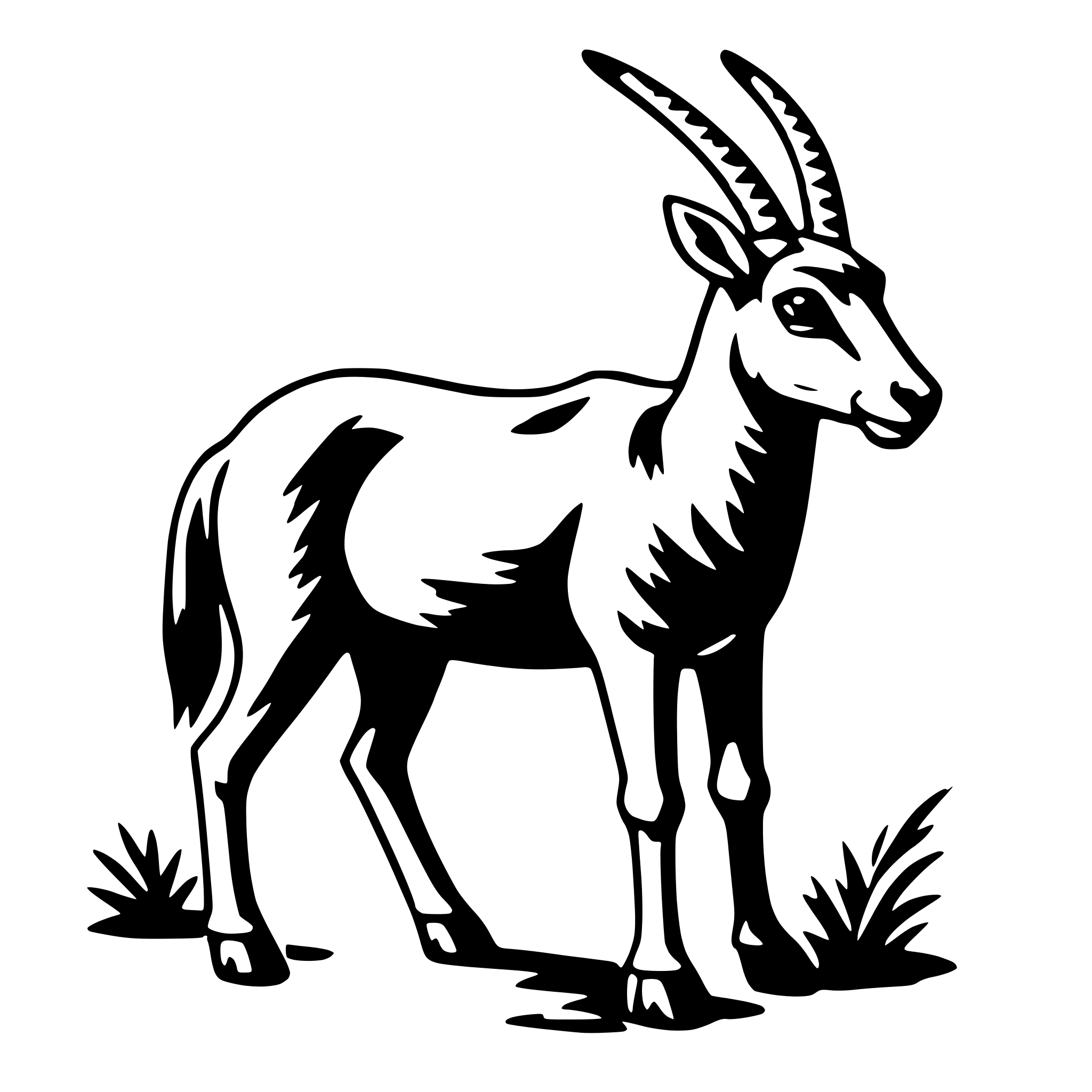 The SVG depicts a stylized, black and white illustration of a goat. The goat is standing on all fours, facing the viewer directly. It has two long, curved horns, a prominent nose, and a simple, curved tail. The goat is set against a plain background, and there are no other objects or interactions depicted in the SVG. The style is minimalistic and appears to be a vector graphic, given the clean lines and lack of texture. 