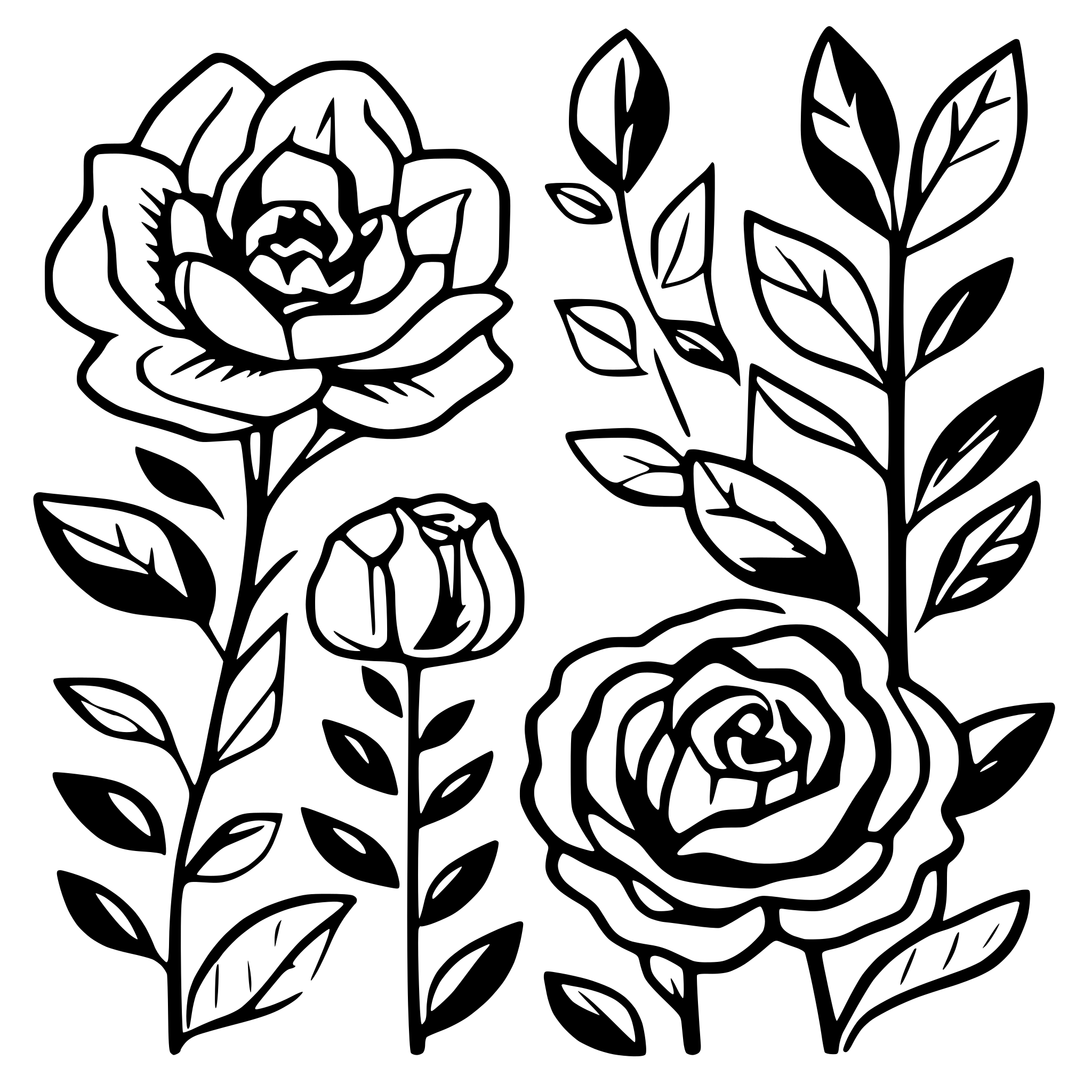 AI-generated SVG of a Create a set of elegant black-and-white floral border dividers in a line art style, featuring symmetrical arrangements of blooming flowers, leaves, and vines. The designs should include a central large flower (like a poppy or rose) surrounded by smaller buds, delicate tendrils, and leaves, extending horizontally. Provide variations in length and complexity—some shorter with minimal details, others longer with intricate patterns of flowers and foliage. The style should be clean, monochromatic, an
