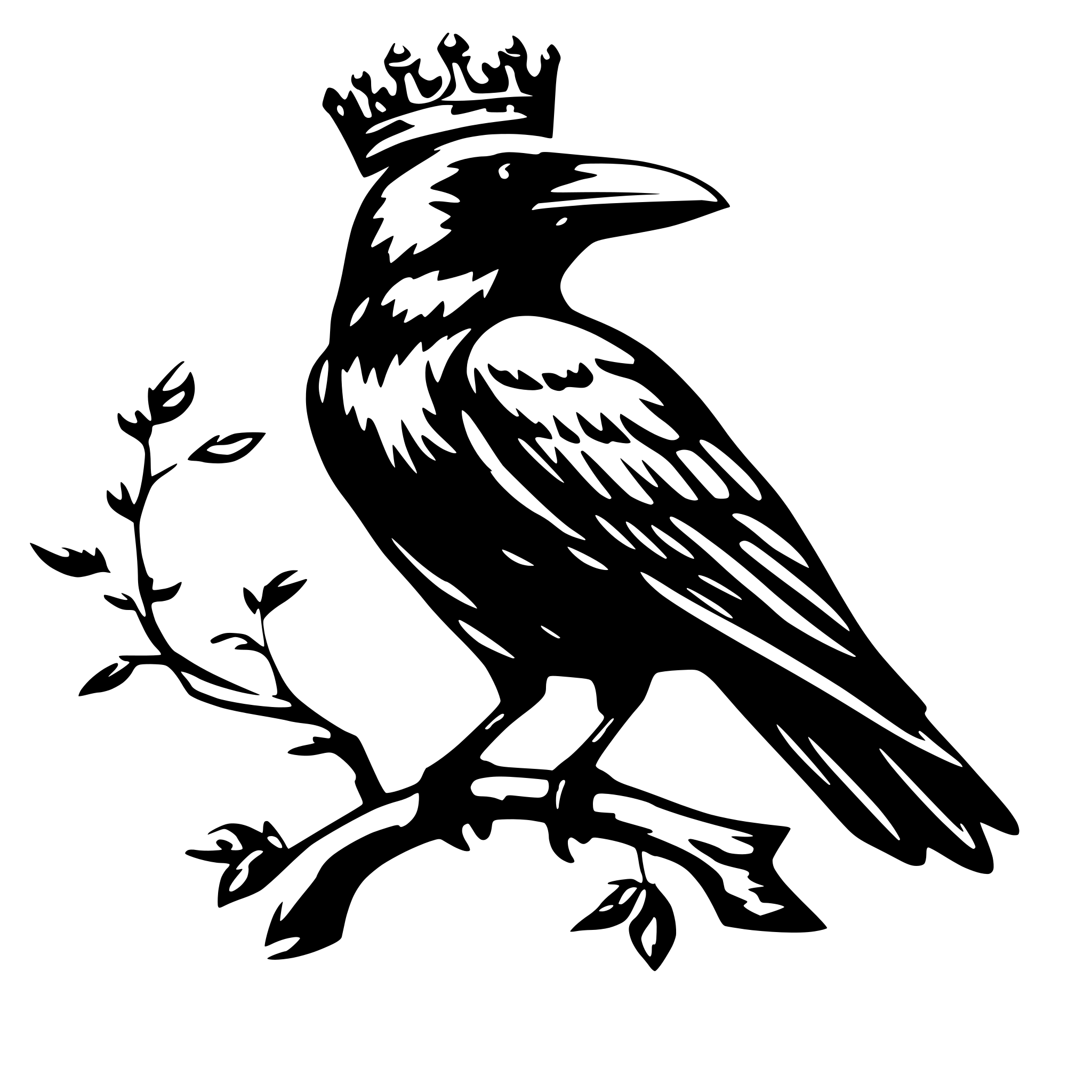 AI-generated SVG of 'Crow sitting on branch wearing crown'