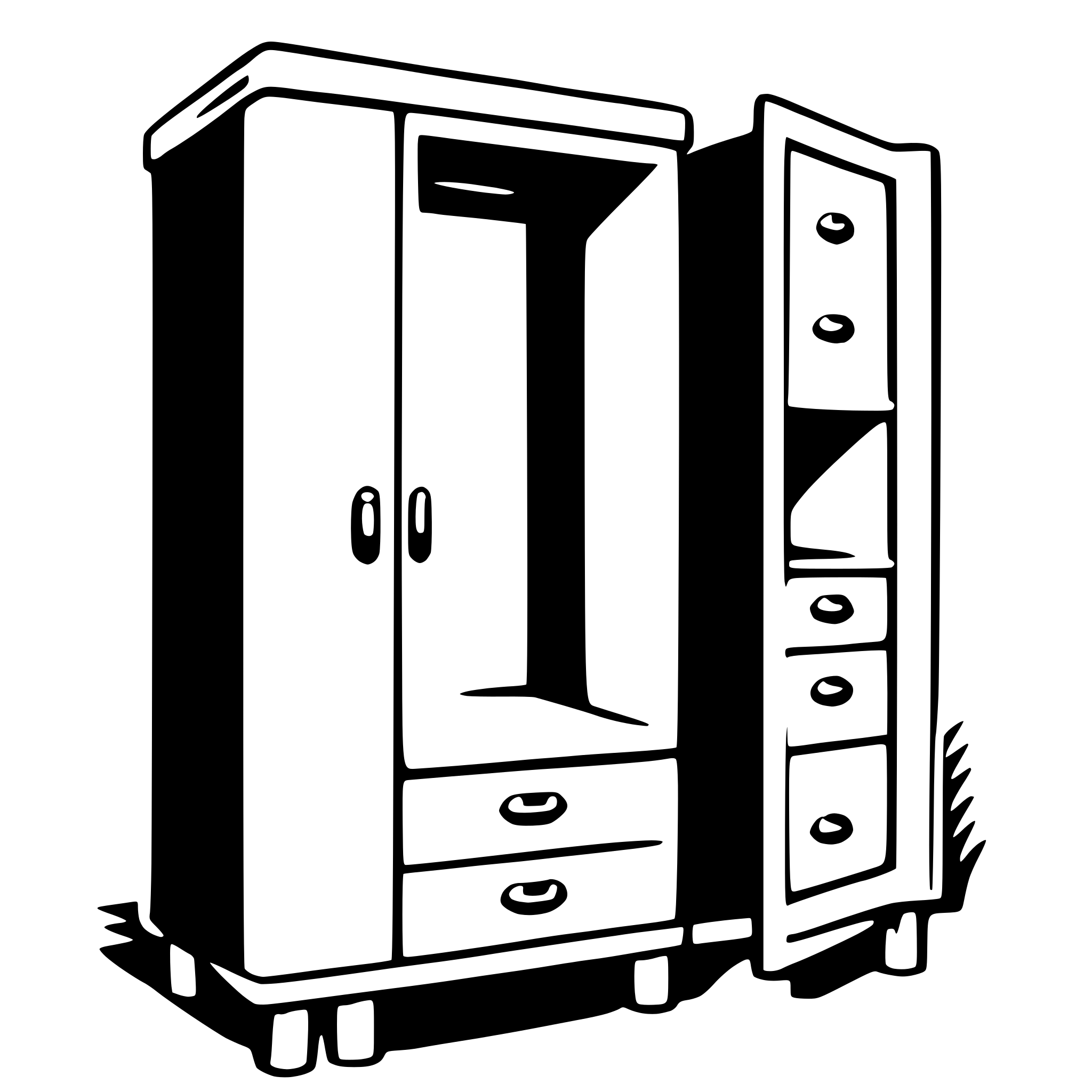 The SVG shows a simple, stylized depiction of a wardrobe with two doors. The wardrobe has a central vertical column, which is likely the hanger or support for the doors. The doors are symmetrical and appear to be made of a solid material, possibly wood or metal, with a simple design featuring a series of vertical lines that could represent panels or decorative elements. The doors are open, revealing an interior space that is not detailed. The wardrobe is placed on a flat surface, and there is a small shadow beneath it, suggesting it is standing on a floor. The SVG is a vector graphic, which means it is composed of lines and shapes that can be scaled without losing quality. 