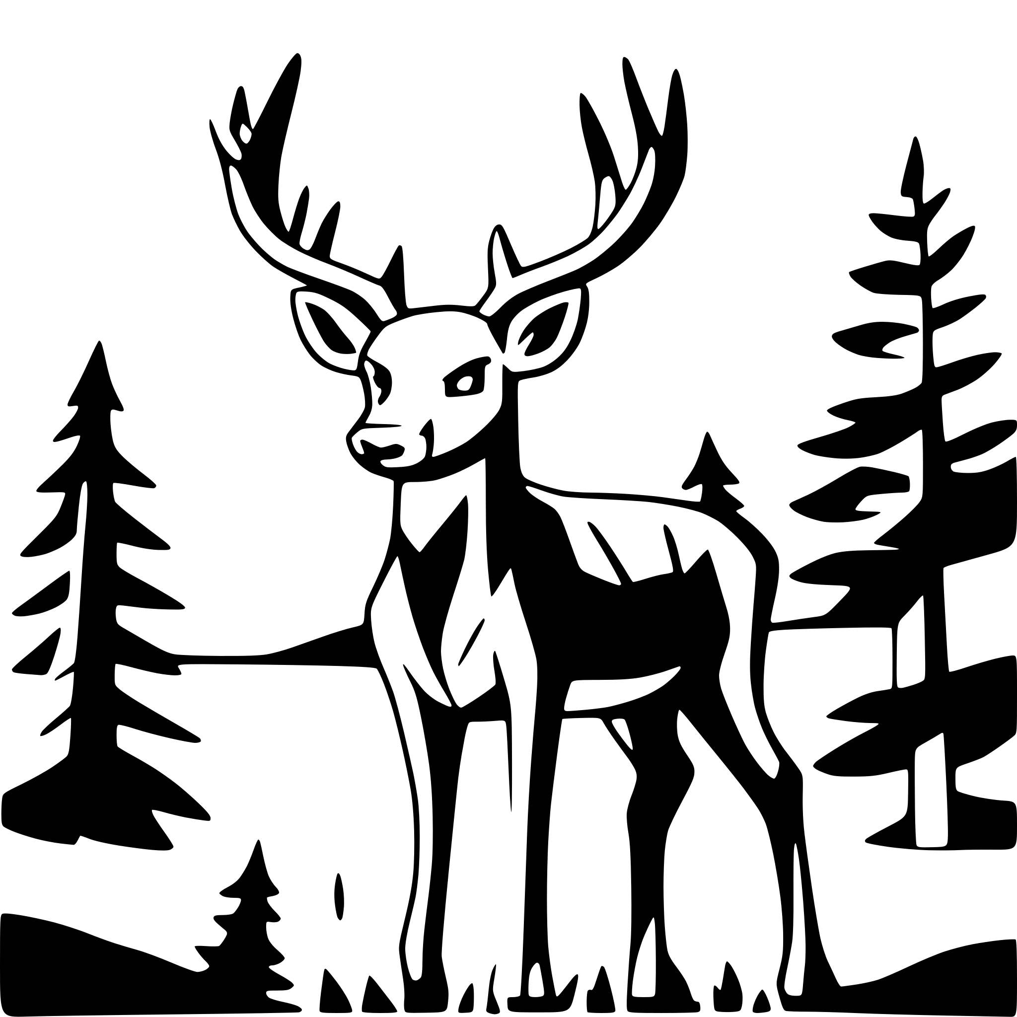 AI-generated SVG of a buck deer in field with trees and mountains in background