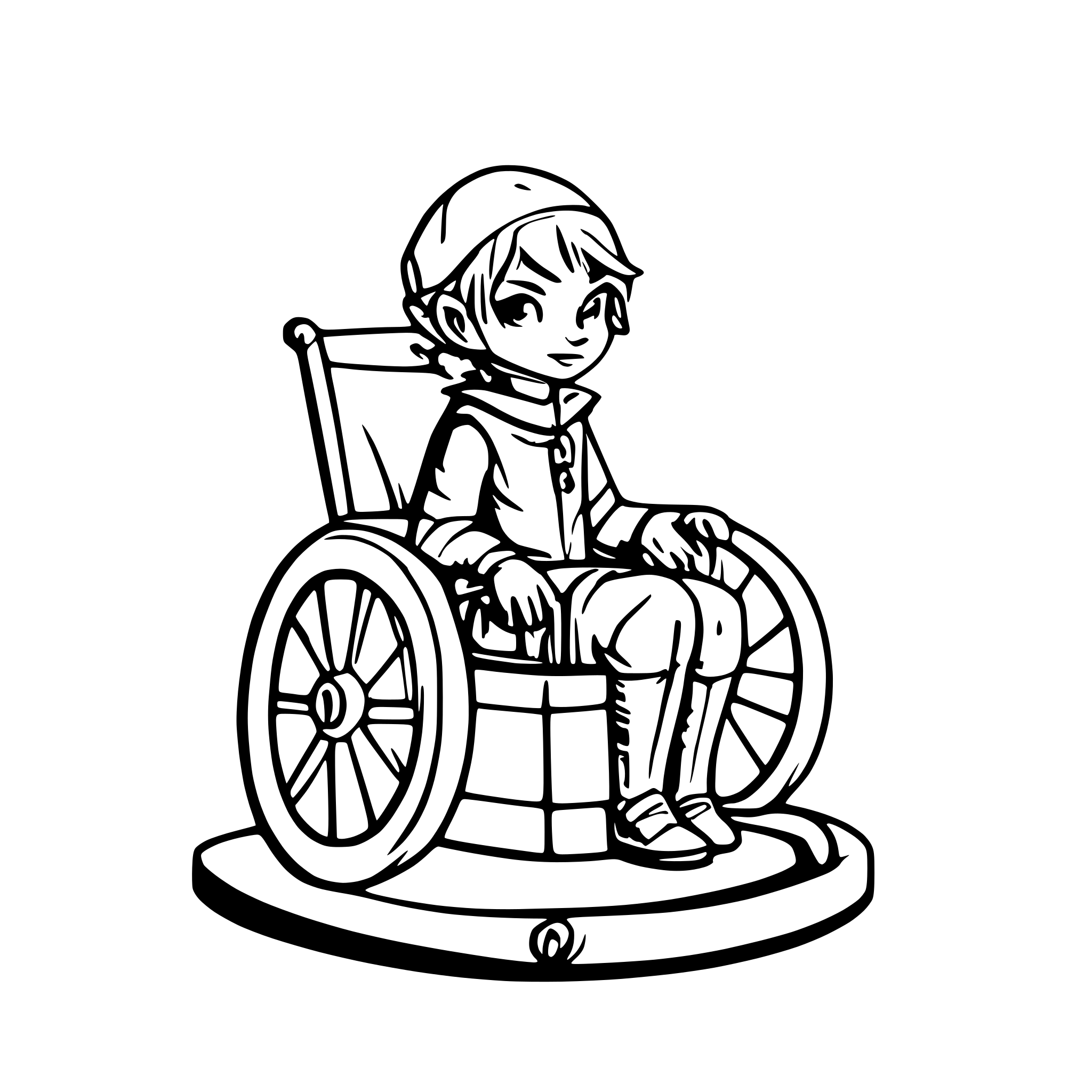 AI-generated SVG of a Boy dressed in elf costume sitting in a custom wheelchair nostalgic