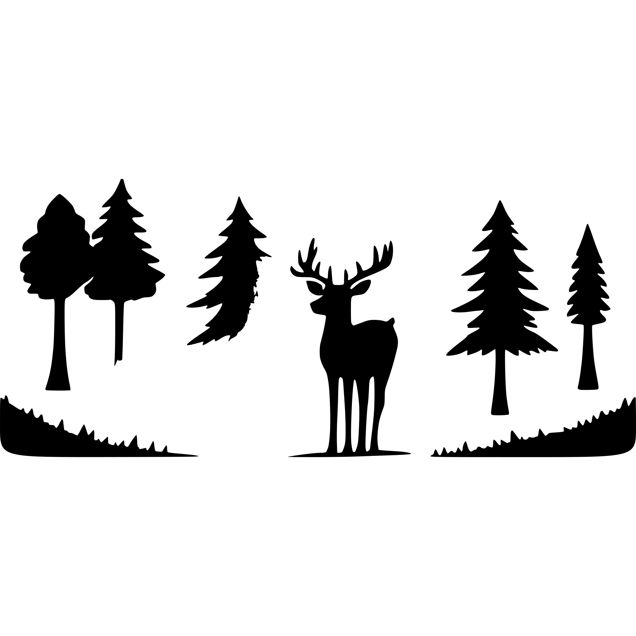 AI-generated SVG of a Dense pine forest silhouette. There is a reindeer standing in the forest