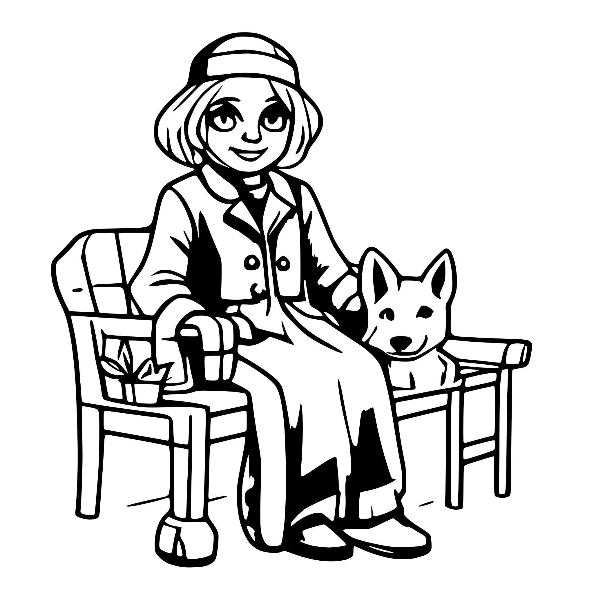 AI-generated SVG of a An old lady seated on a bench with a dog next to her