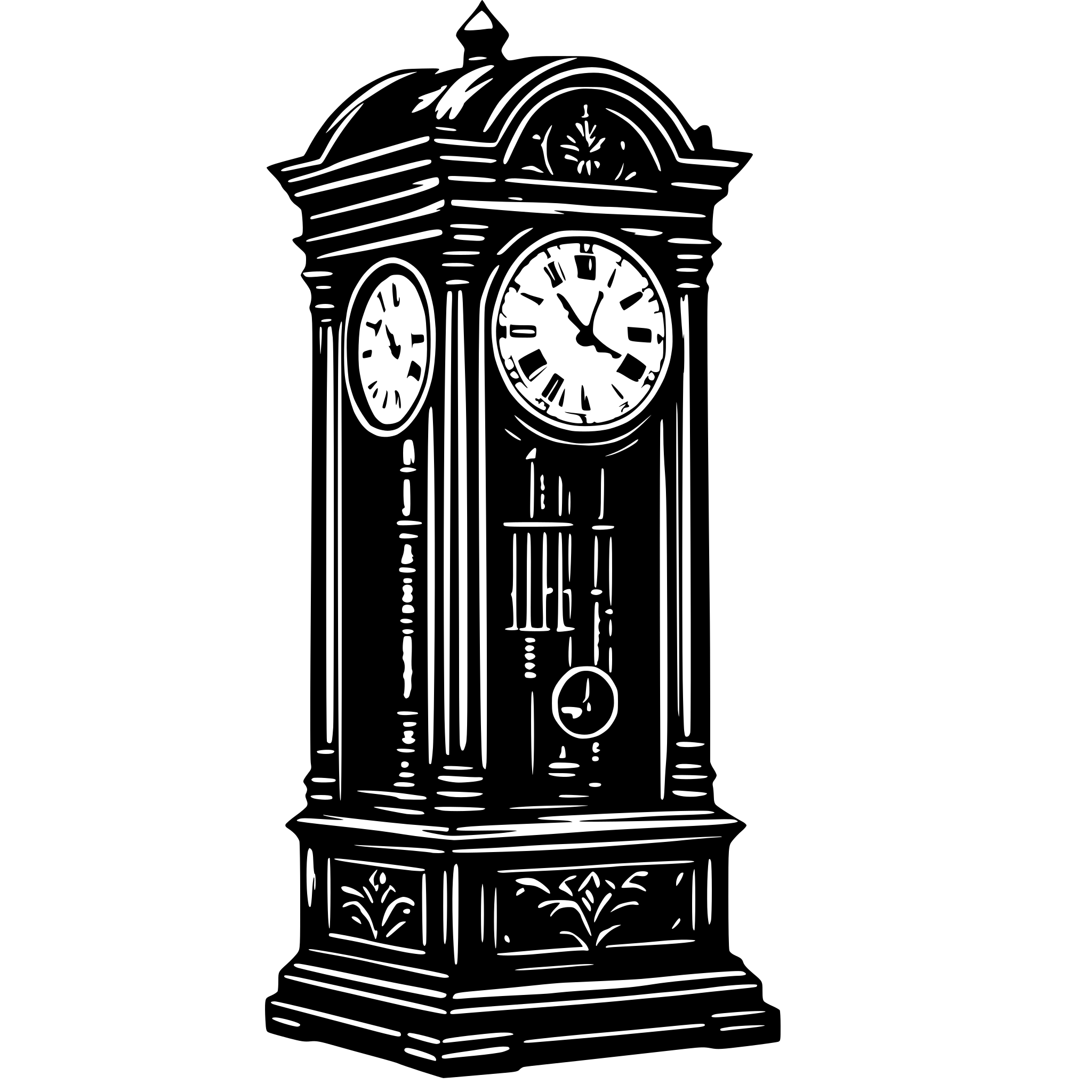 AI-generated SVG of a A detailed black and white SVG illustration of a vintage grandfather clock. The clock has a tall, ornate wooden frame with visible pendulum and clock face. Roman numerals and decorative carvings adorn its surface. AI-generated SVG of a A detailed black and white SVG illustration of a vintage grandfather clock. The clock has a tall, ornate wooden frame with visible pendulum and clock face. Roman numerals and decorative carvings adorn its surface.