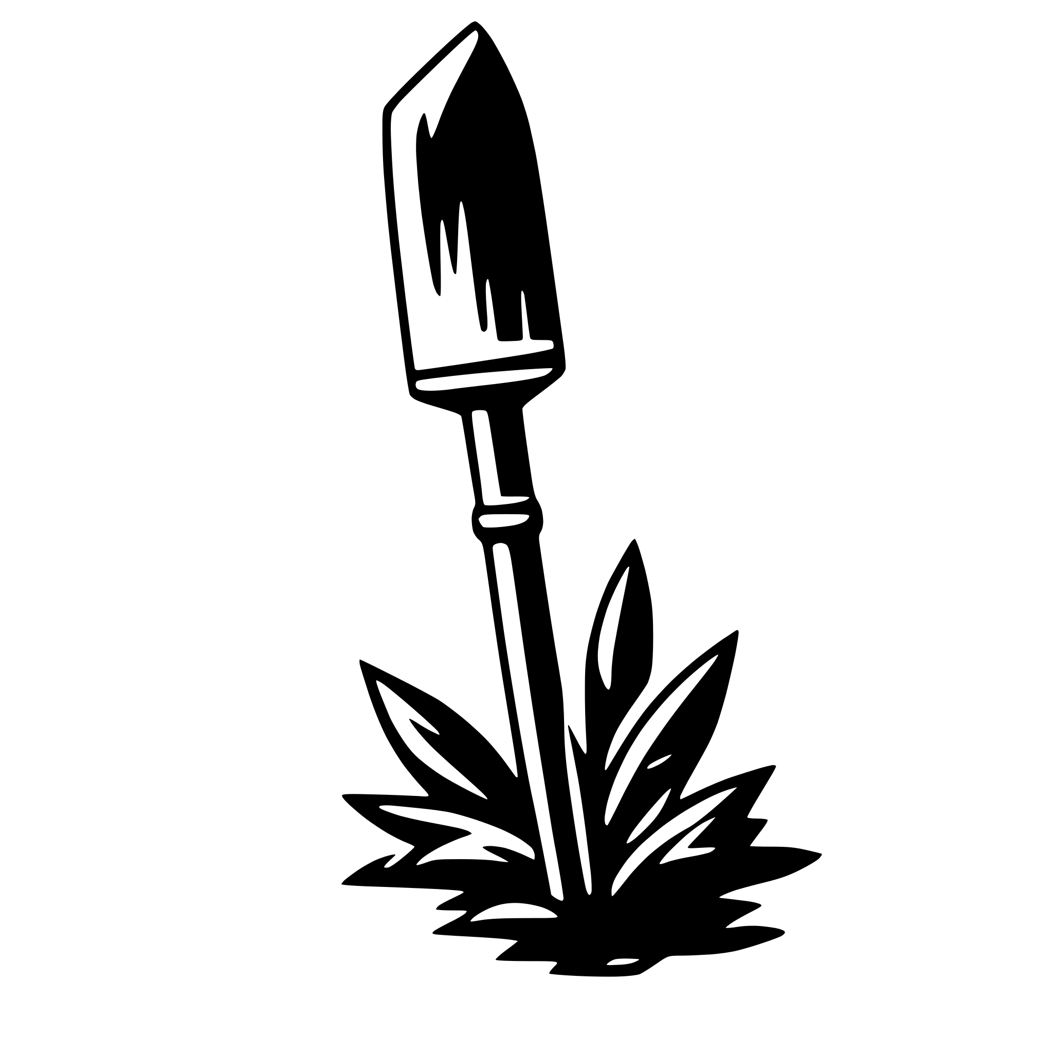 The SVG shows a simple line drawing of a shovel with a pointed end, partially buried in a patch of grass or plants. The shovel has a long handle and a curved blade, and the plants have leaves that are stylized with a few lines to suggest their shape. The shovel is positioned diagonally, with the handle pointing upwards and the blade pointing downwards, indicating that it is being used to dig into the ground. The plants are depicted with a few leaves, suggesting a small patch of vegetation. The SVG is minimalistic and does not contain any additional text or elements. 