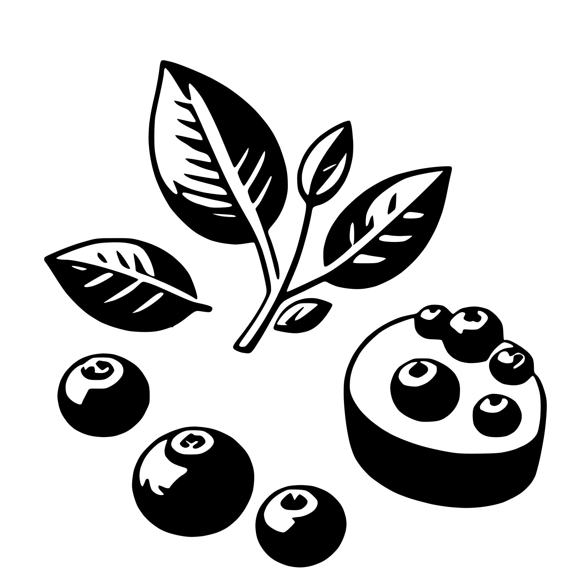 The SVG features a collection of objects that appear to be related to botany or gardening. There is a stylized plant with a leaf and stem, a cluster of berries, and a seed pod. The plant and berries are depicted with a simple, graphic style, using solid black lines against a white background. The seed pod is shown with a more detailed texture, suggesting a three-dimensional appearance. The objects are arranged in a way that suggests they are part of a plant or a collection of seeds. There is no interaction between the objects; they are static and do not appear to be in motion or performing any actions. 