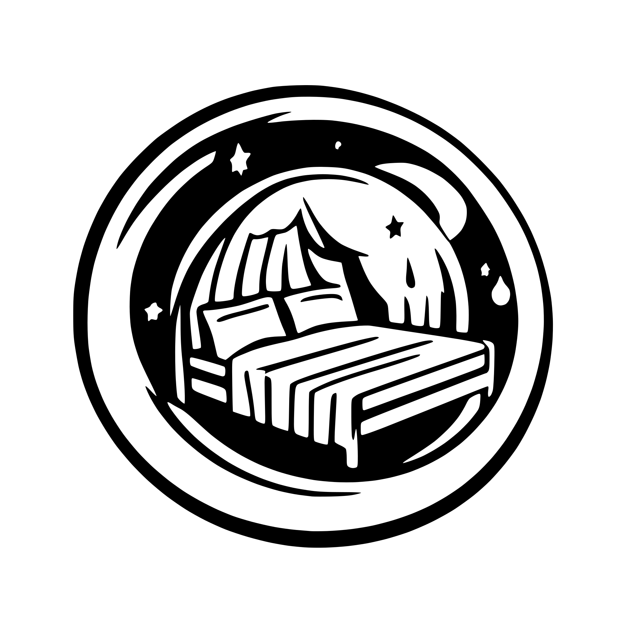 AI-generated SVG of 'A bed like structures, in a moon shape with stars and more, resablaling a logo for a bedsheet retailer.'