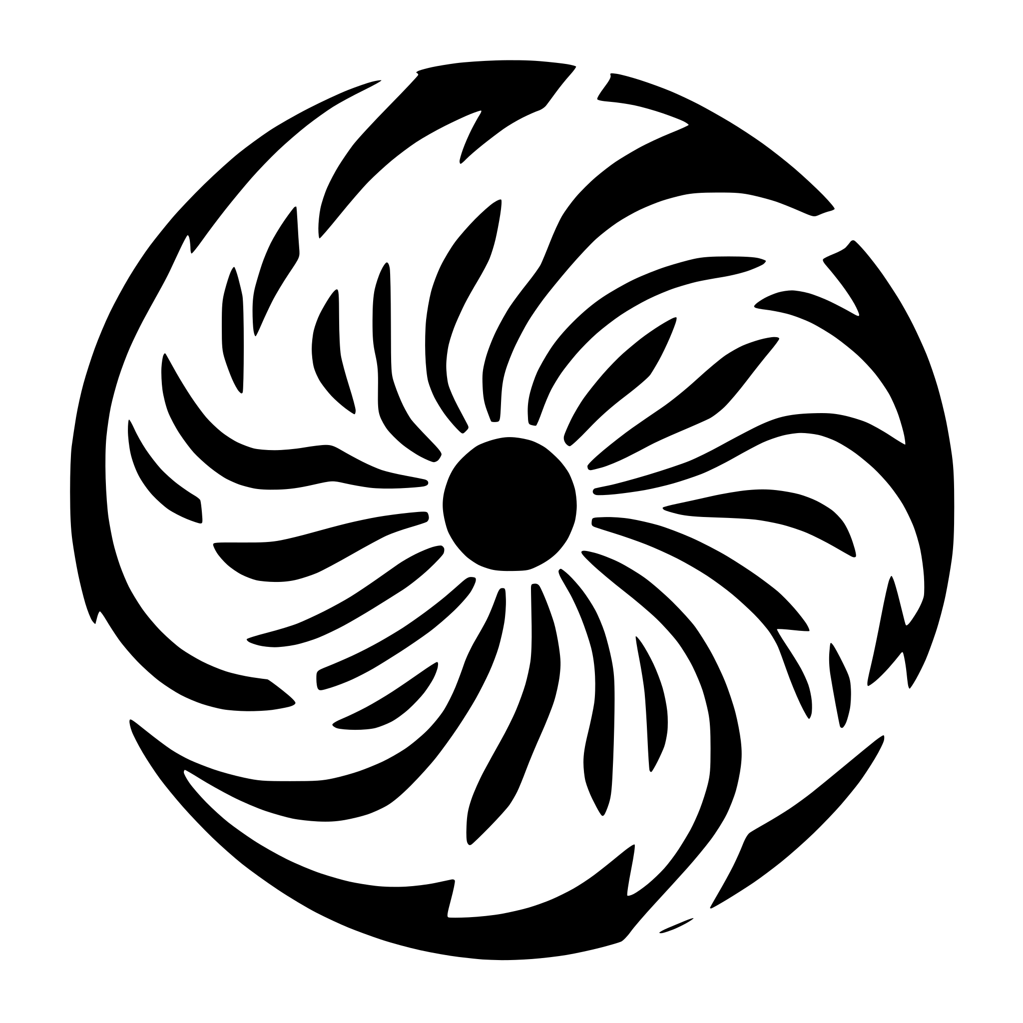 AI-generated SVG of a A symmetrical, abstract swirl design made of multiple curved, blade-like segments arranged in a circular pattern. The elements are evenly spaced and rotate clockwise around a central point, forming a vortex-like appearance. Each segment tapers to a sharp point at both ends, The overall shape resembles a stylized vortex, with a clean, modern look