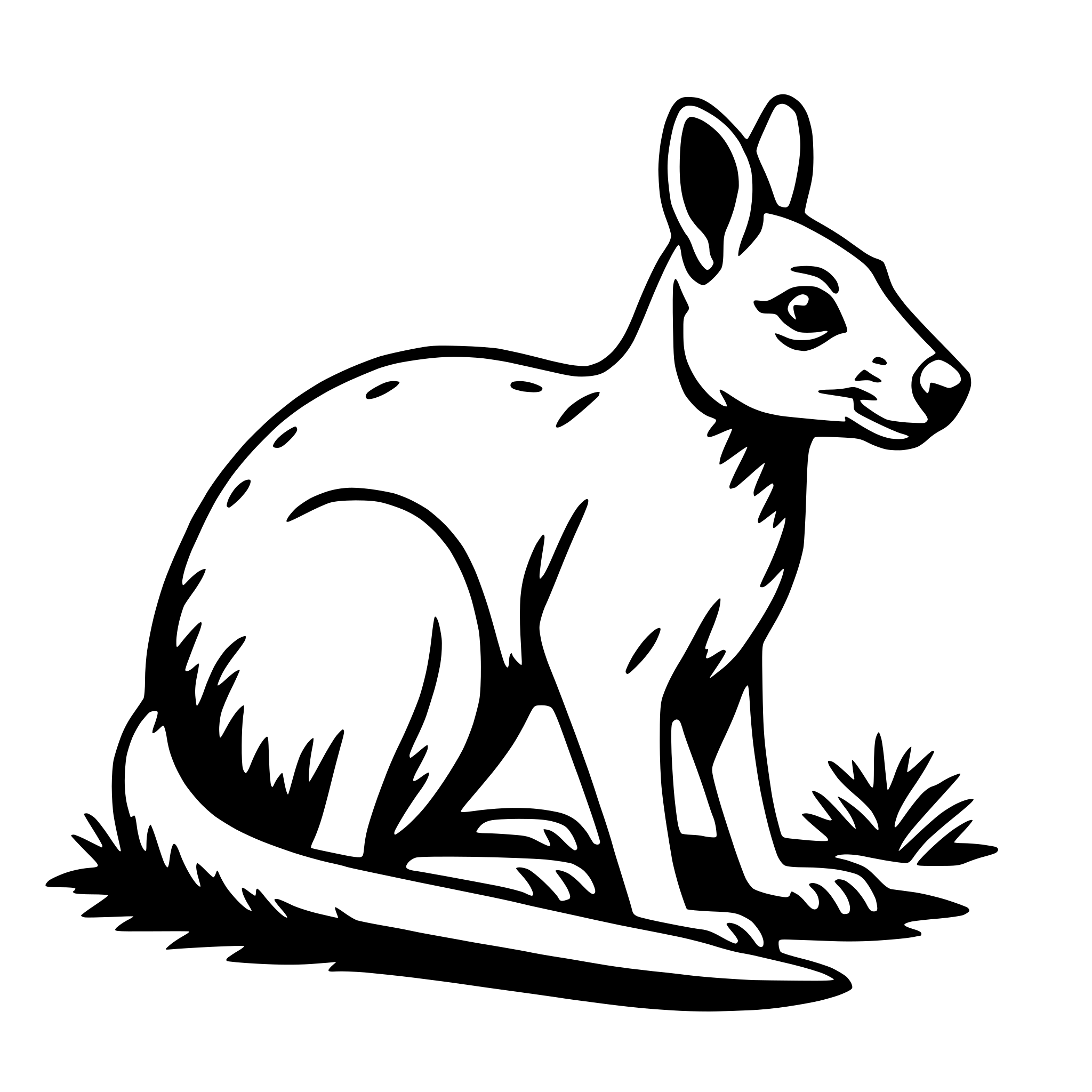 The SVG depicts a stylized, cartoon-like depiction of a kangaroo. The kangaroo is shown in a sitting position with its hind legs tucked under its body and its front paws resting on the ground. It has a long, curved tail that extends behind it. The kangaroo's head is turned slightly to the side, and it has a small, pointed ear and a simple, round eye. The background is plain and does not provide any additional context or details. The SVG is a vector graphic, which means it is composed of lines and shapes that can be scaled without losing quality. 