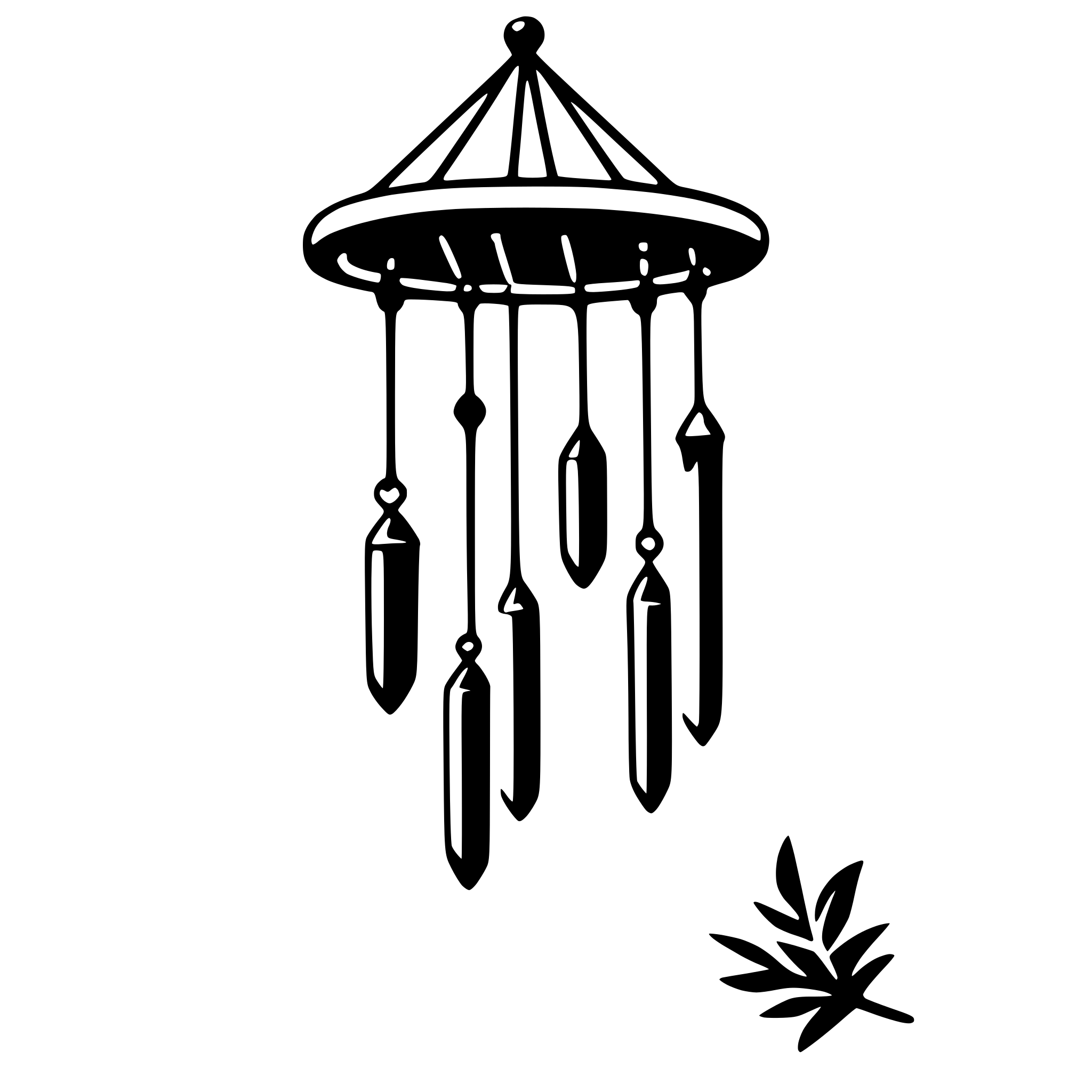 The SVG shows a stylized, black and white illustration of a wind chime. The chime consists of a central, triangular frame with a series of cylindrical tubes hanging from it. Each tube has a pointed end and is connected to the frame by a small, circular attachment. The tubes are arranged in a descending order from the top of the frame to the bottom. Below the chime, there is a small, leaf-like shape, which appears to be a maple leaf, suggesting that the chime may be designed to resemble a maple leaf. The style of the illustration is simple and graphic, with no shading or gradients, emphasizing the shapes and outlines of the objects. 