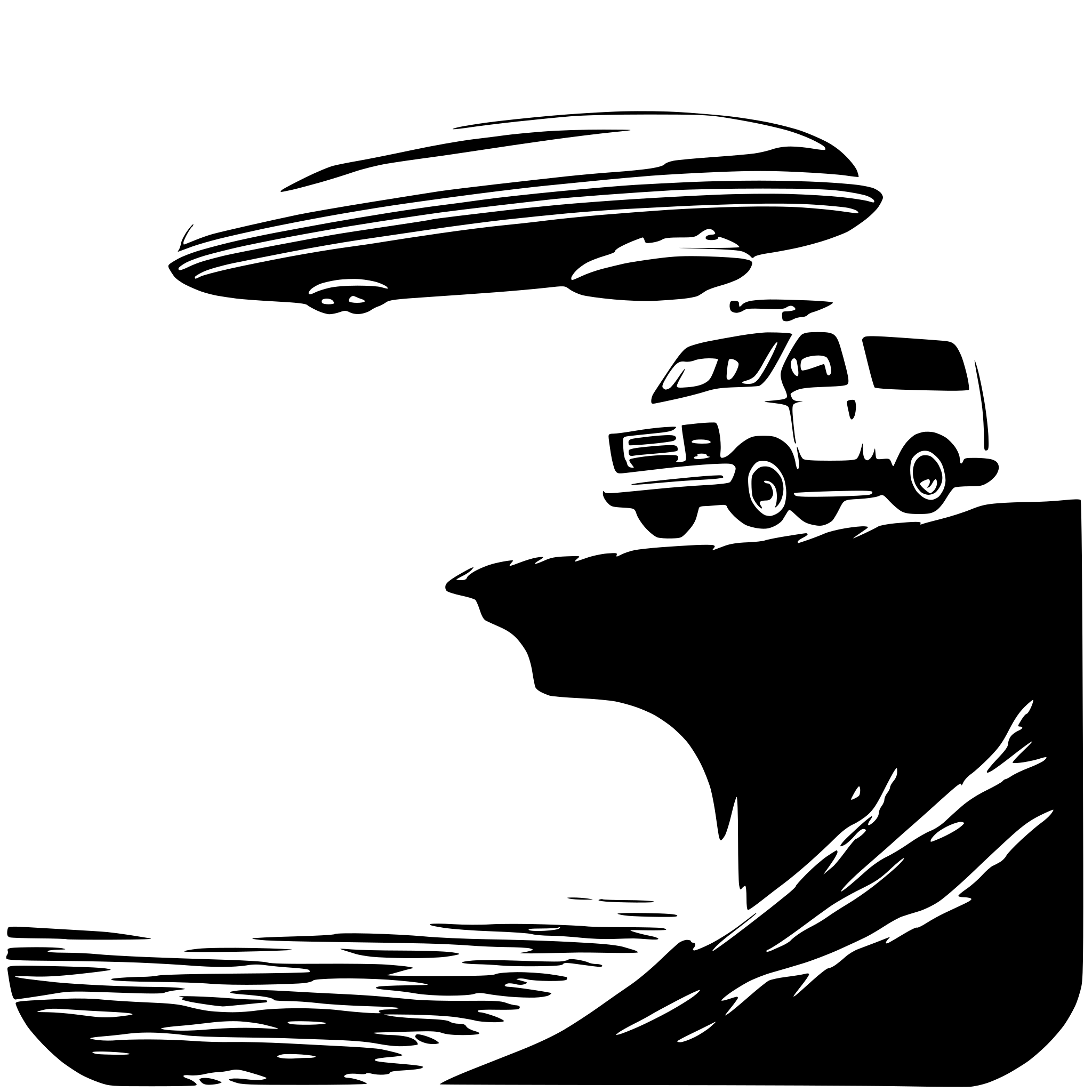 AI-generated SVG of a 1997 chevy express passenger van flying off the edge of an ocean bluff, being abducted by a ufo tractor-beam