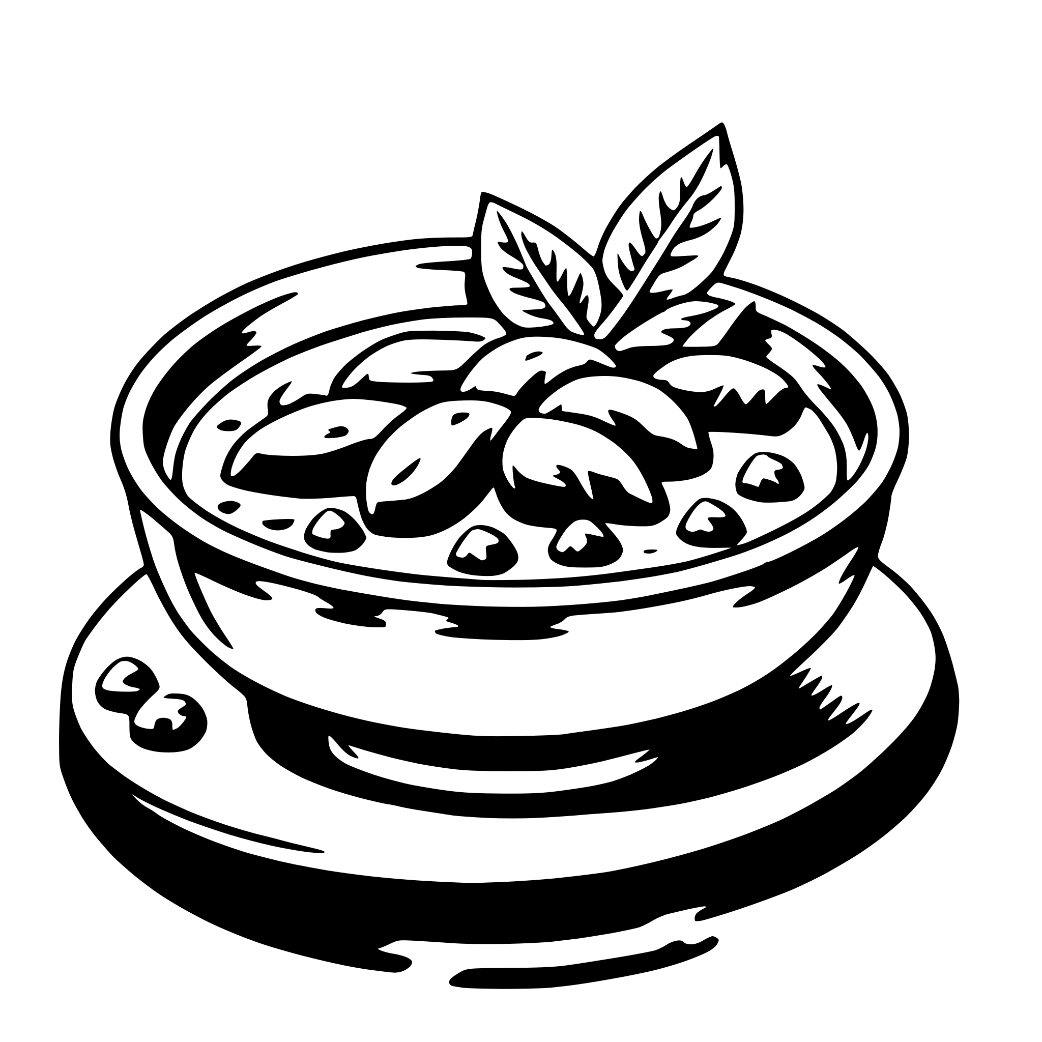 The SVG depicts a bowl of soup with a leaf on top. The bowl is placed on a saucer, and there are two small balls, possibly representing bread or dumplings, on the side of the bowl. The leaf appears to be a bay leaf, which is often used in cooking. The soup has a textured appearance, suggesting it might be a thick, hearty soup. The overall style of the SVG is simple and illustrative, with a clear focus on the food items. 