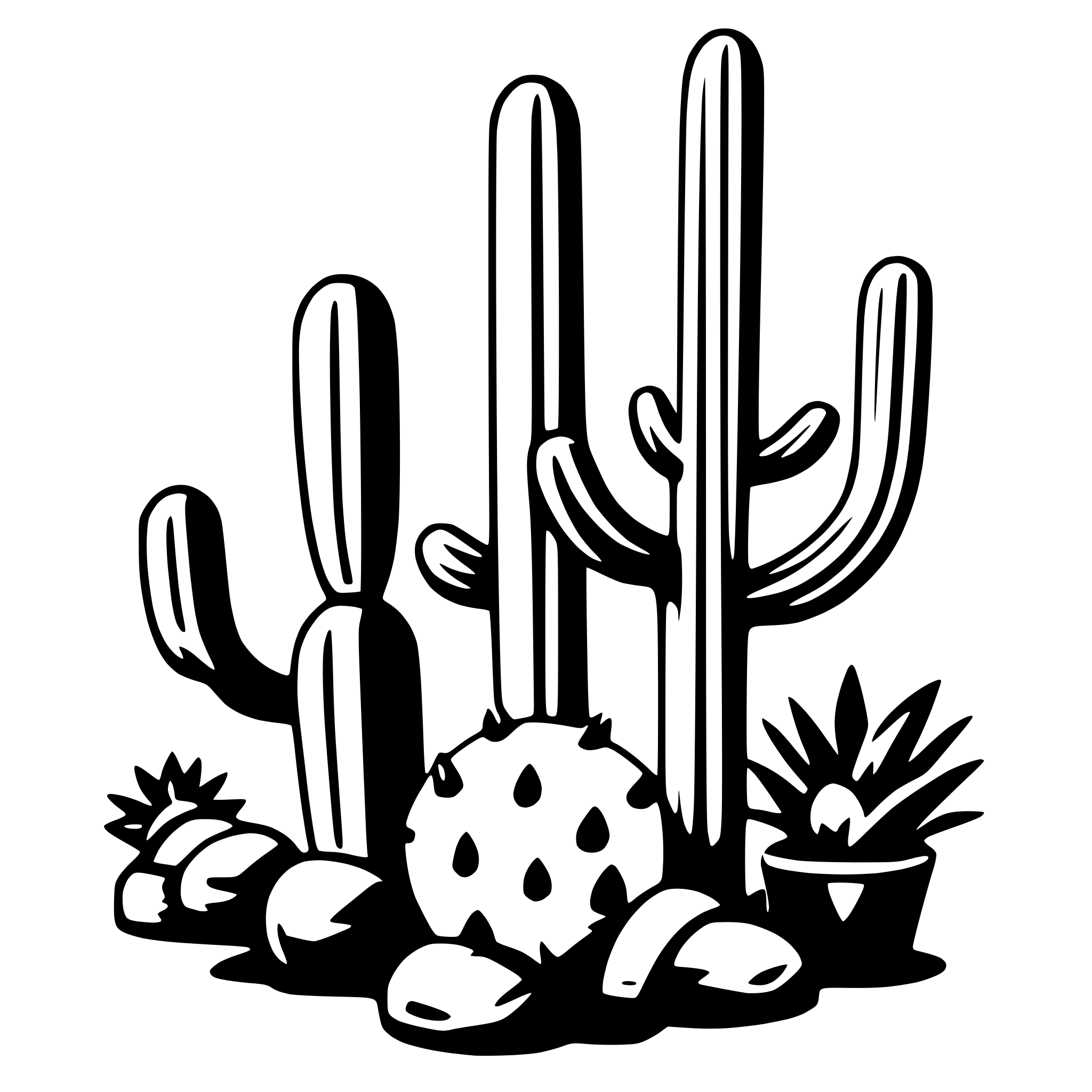 The SVG depicts a collection of desert-themed plants and cacti. In the center, there is a prominent cactus with a round, spiky top, which is likely a barrel cactus. To the left of this cactus, there is a smaller cactus with a more pointed top, possibly a cholla. On the right side, there is a cactus with a more slender body and a pointed top, which could be a prickly pear. In front of the cacti, there are two small plants with spiky leaves, which might be yucca plants. The plants are arranged in a way that suggests a desert landscape, with the cacti and yucca plants in the foreground and the cactus in the background. The SVG is stylized with clean lines and a limited color palette, emphasizing the shapes and forms of the plants. 