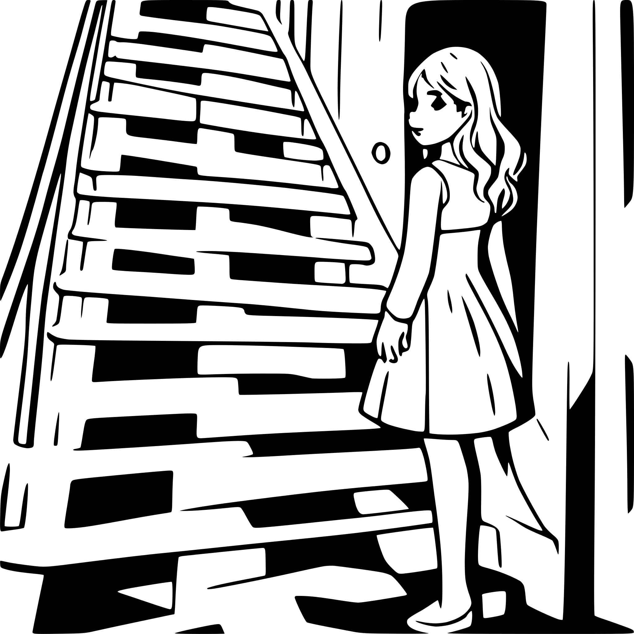 AI-generated SVG of 'girl standing at the bottom of the stairs attempting to take next step to upstairs side view colorful'