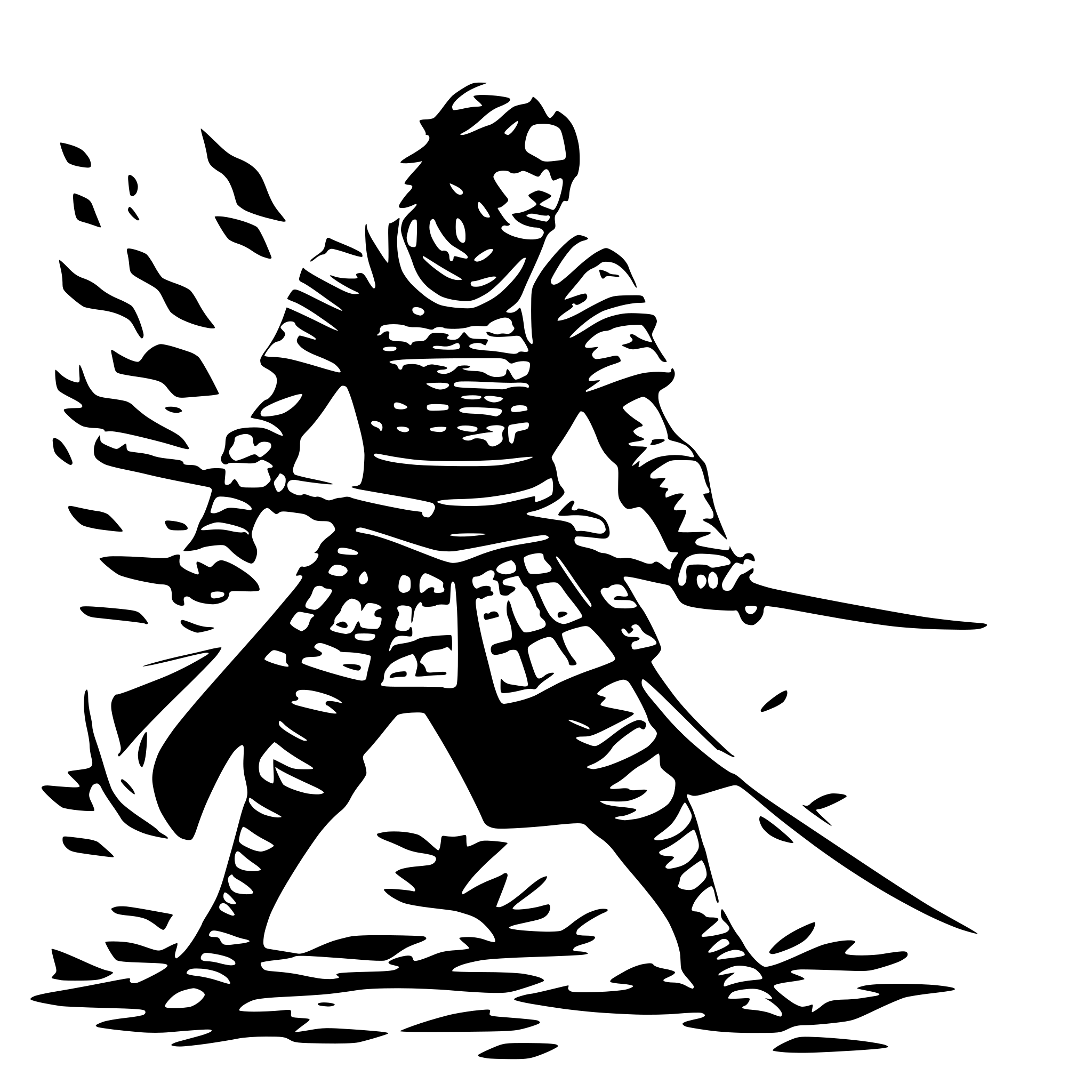 AI-generated SVG of a A SAMURAI IN FIGHT POSITIOPN, AND IN HIS BACK, HIS FACE LLOKING RIGHT TOWARD THE CAMERA