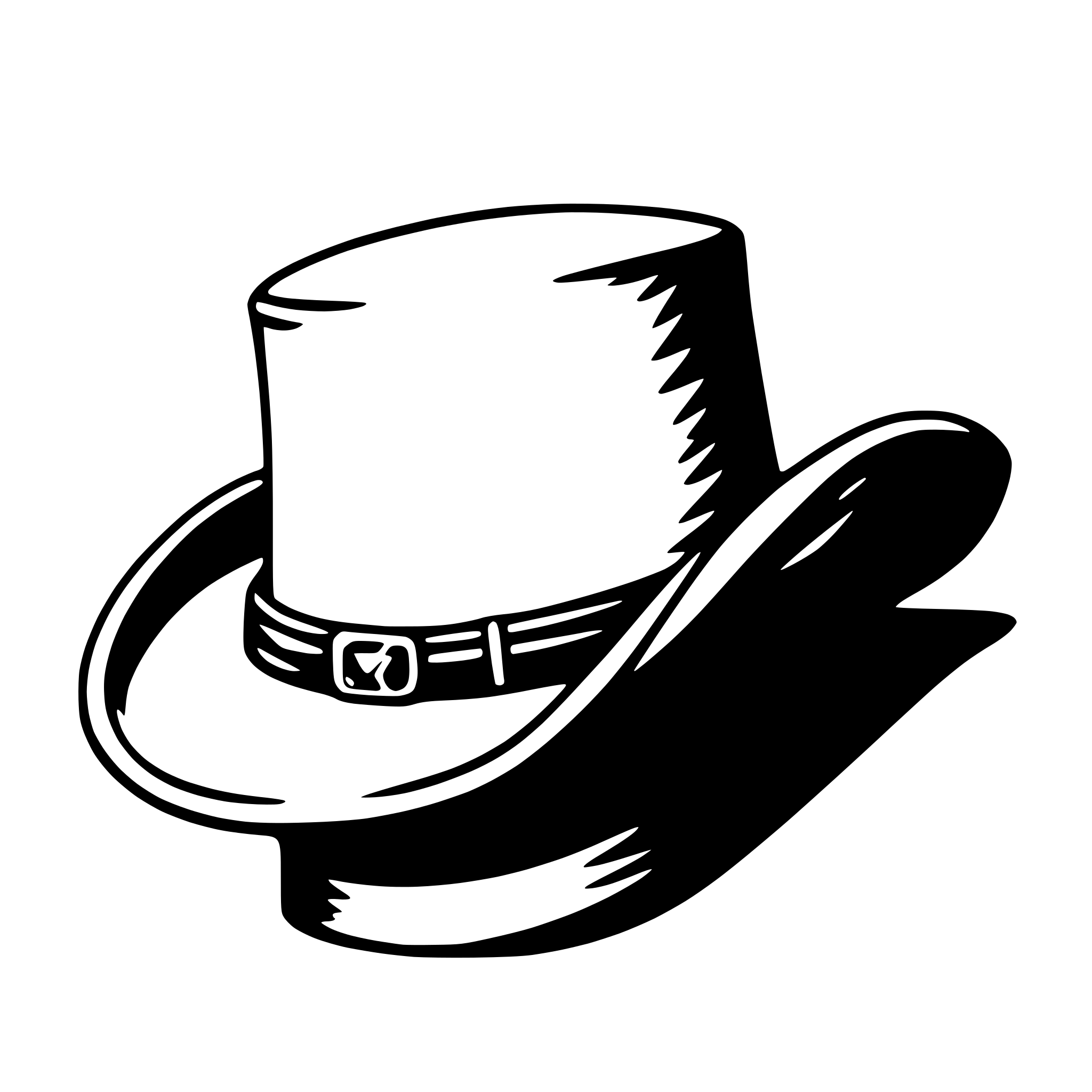 The SVG shows a stylized black and white illustration of a cowboy hat. The hat has a wide brim and a high, rounded crown. It features a band around the base of the crown, which appears to have a buckle or a similar decorative element. The illustration is simple and lacks any additional details or text. The style is reminiscent of a classic western motif. 