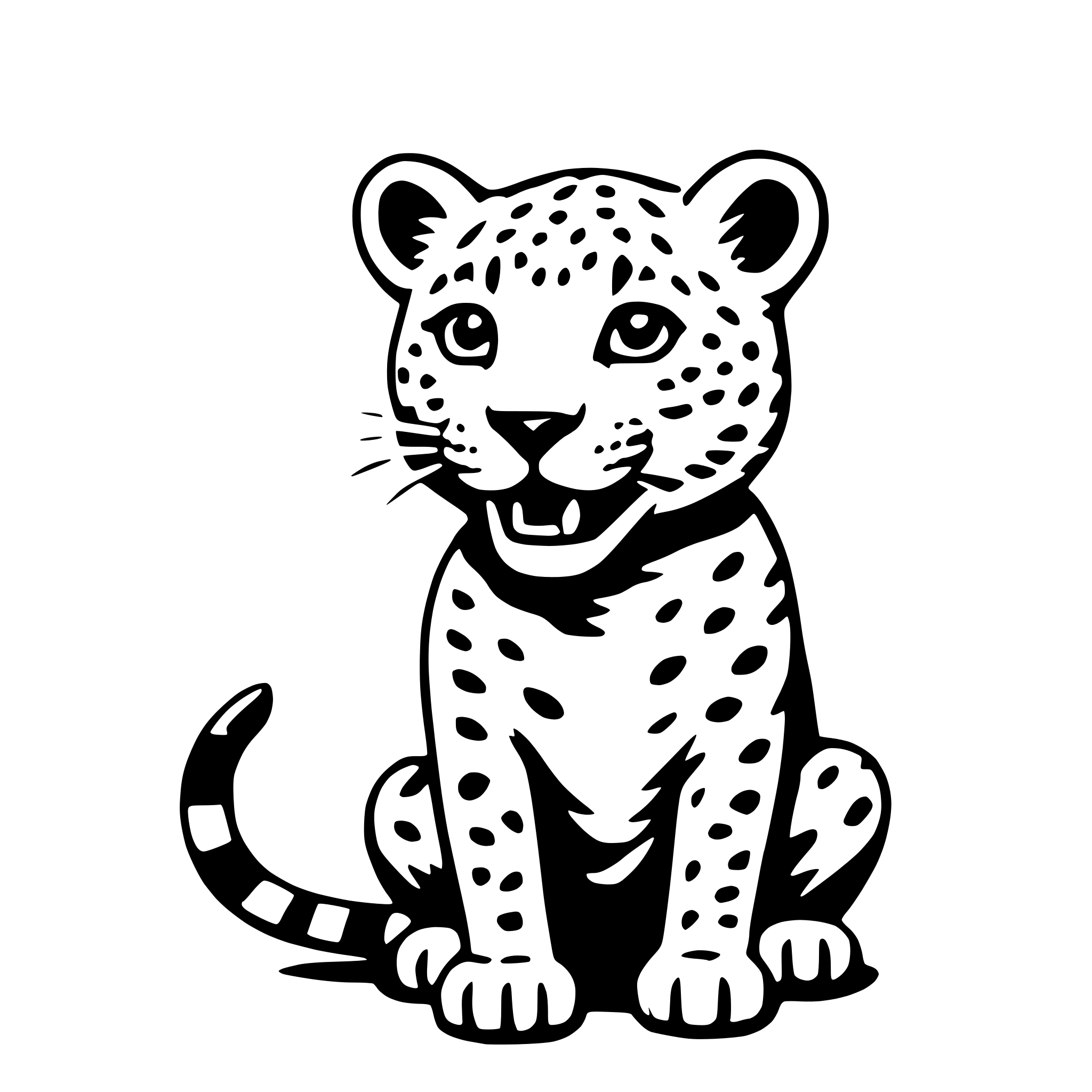 The SVG shows a stylized, cartoon-like depiction of a leopard. The leopard is sitting upright with its front paws extended forward, and its tail is curled around its body. The leopard's fur pattern is simplified, with dark spots on a lighter background, and it has a friendly expression with its mouth slightly open. The SVG is a vector graphic, which means it is composed of lines and shapes that can be scaled without losing quality. 