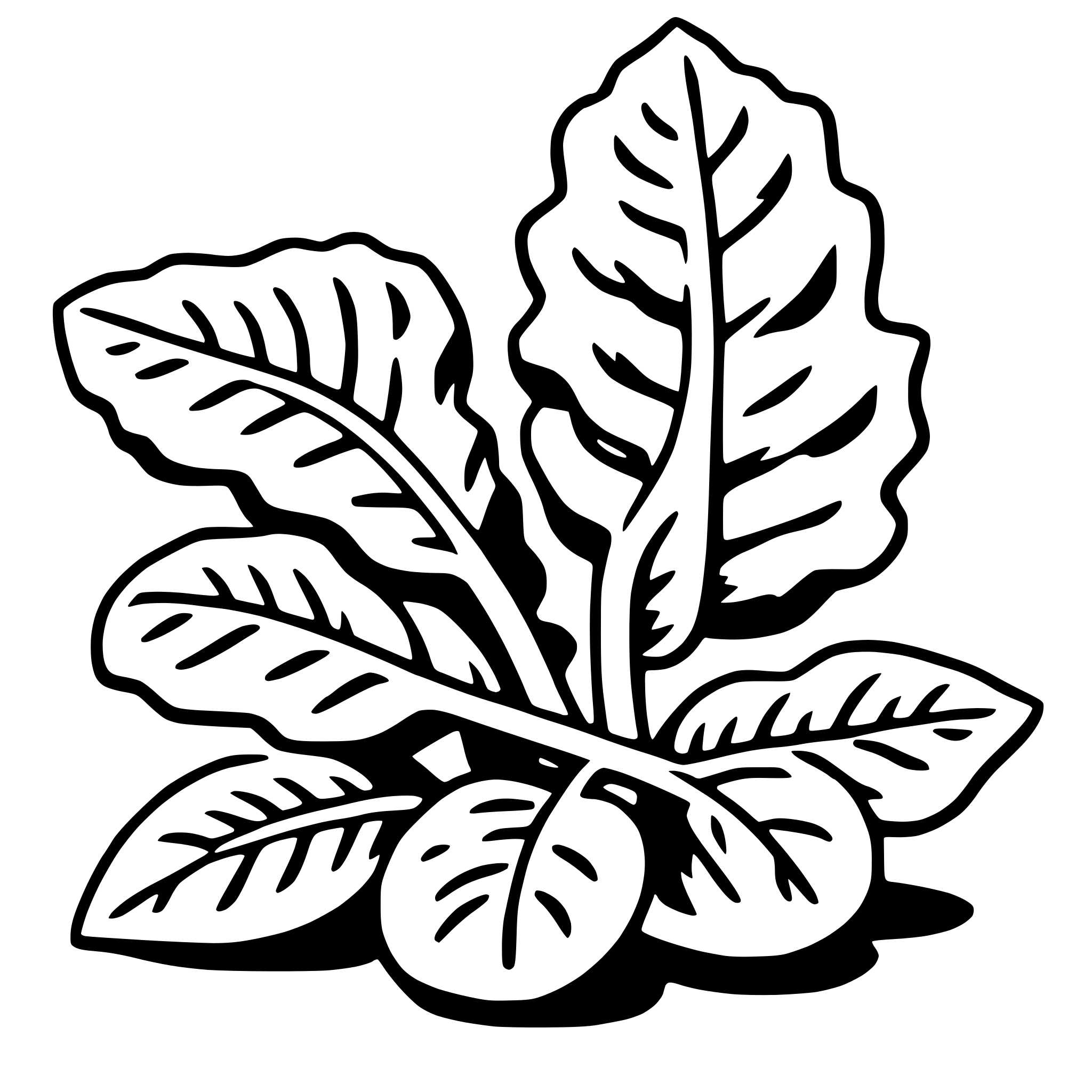 The SVG depicts a stylized illustration of a leaf with a few smaller leaves attached to it. The leaf is detailed with veins and a central stem, and the smaller leaves are arranged around the main stem, suggesting a branching structure. The illustration is simple and uses solid lines and shapes to convey the organic forms of the leaves. 