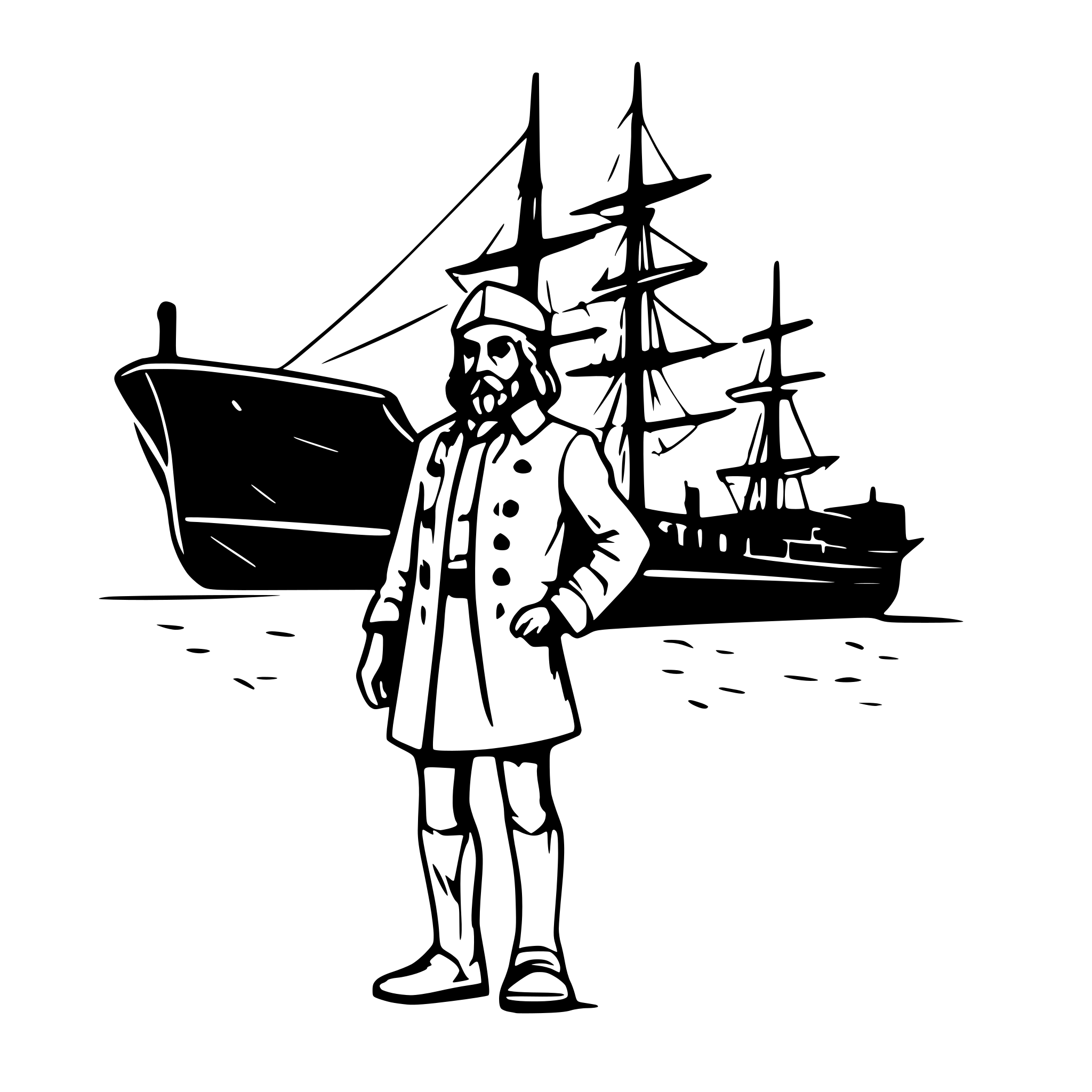 AI-generated SVG of a Ferdinand Magellan stands at the harbor beside a large ship with the Spanish flag waving. The sky is orange at sunset, and the crew is preparing to set sail. AI-generated SVG of a Ferdinand Magellan stands at the harbor beside a large ship with the Spanish flag waving. The sky is orange at sunset, and the crew is preparing to set sail.