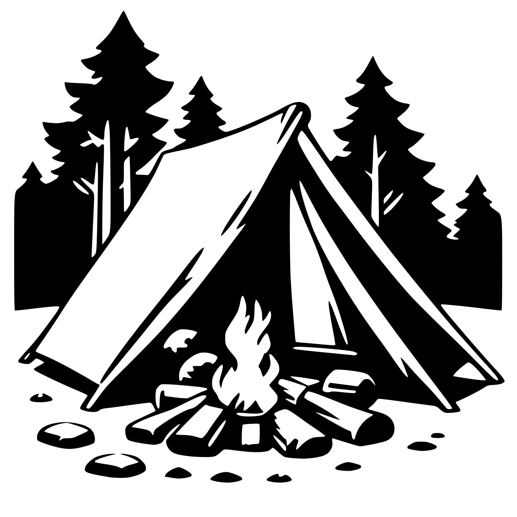 The SVG depicts a simple, stylized camping scene. At the center is a tent with its flaps open, suggesting it is set up for use. In front of the tent, there is a small, open fire with flames and smoke rising from it, indicating that it is lit. Surrounding the fire are several rocks, which could be used as a makeshift fire pit or simply as decorative elements. The background features silhouettes of trees, suggesting a woodland or forest setting. The overall style is minimalistic and appears to be designed for a logo or icon, given its simplicity and lack of detail. 