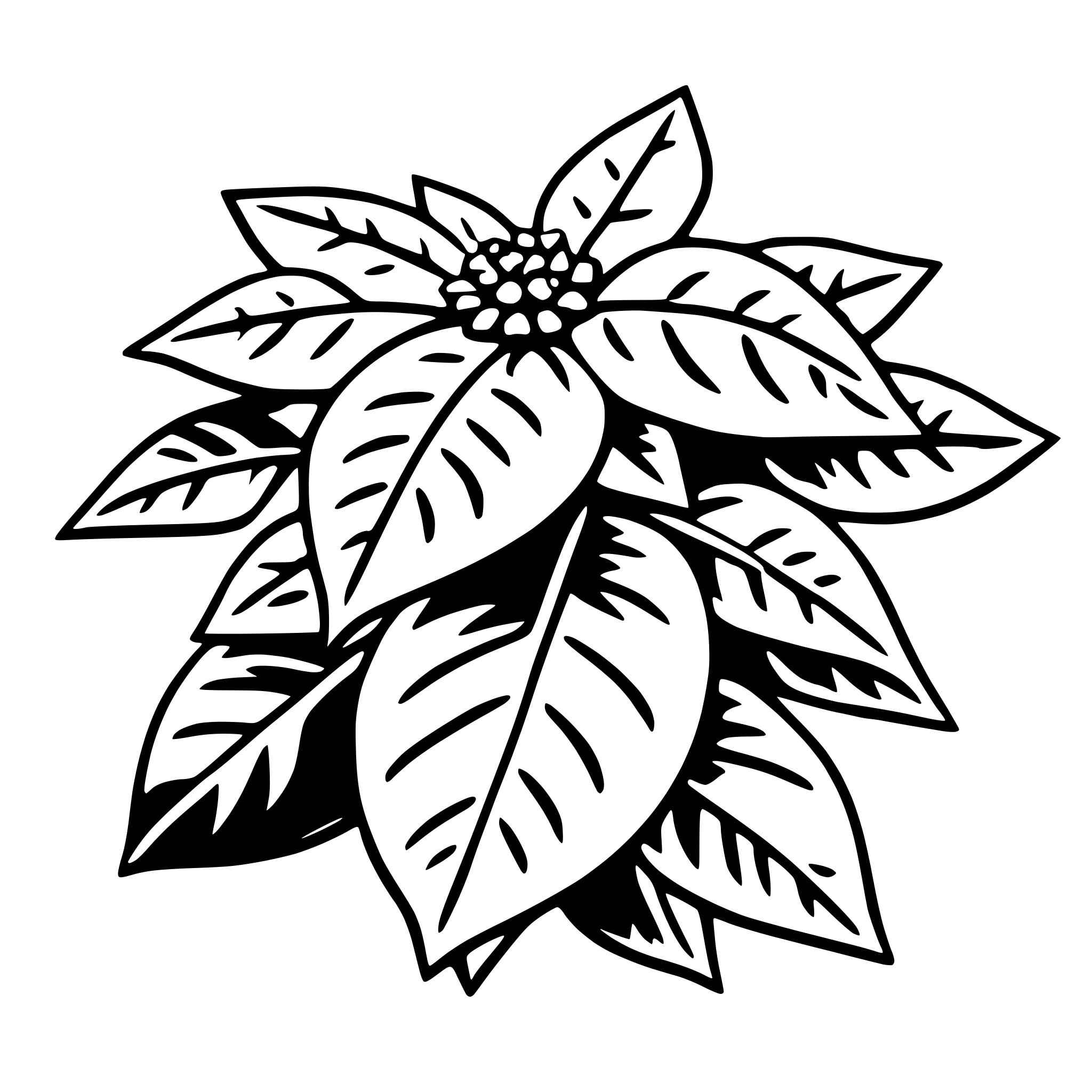 The SVG depicts a stylized, black and white illustration of a flower. The flower has a central, symmetrical arrangement with a series of petals radiating outward from the center. Each petal is detailed with vein-like lines that suggest a natural texture. The center of the flower is a solid, darker shape that could represent the flower's reproductive organs or the heart of the flower. The overall style is simplistic and graphic, with clean lines and a lack of shading that gives it a modern, flat design aesthetic. 
